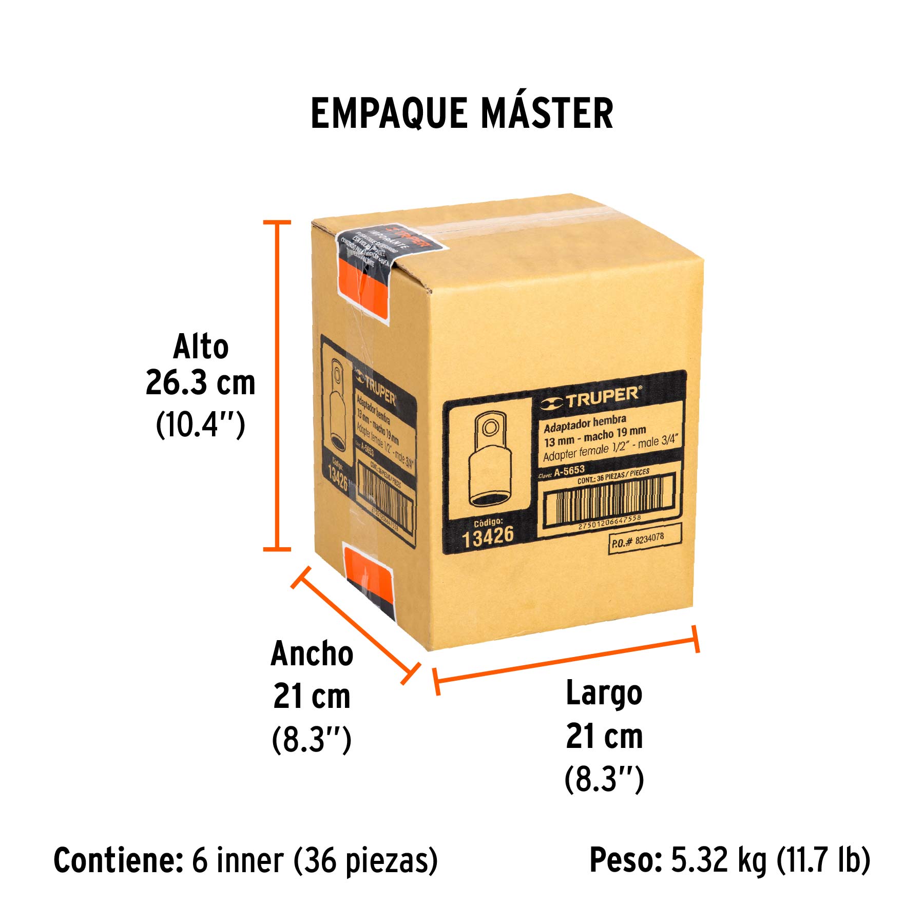 Adaptador para matraca de cuadro 1/2" a cuadro 3/4"