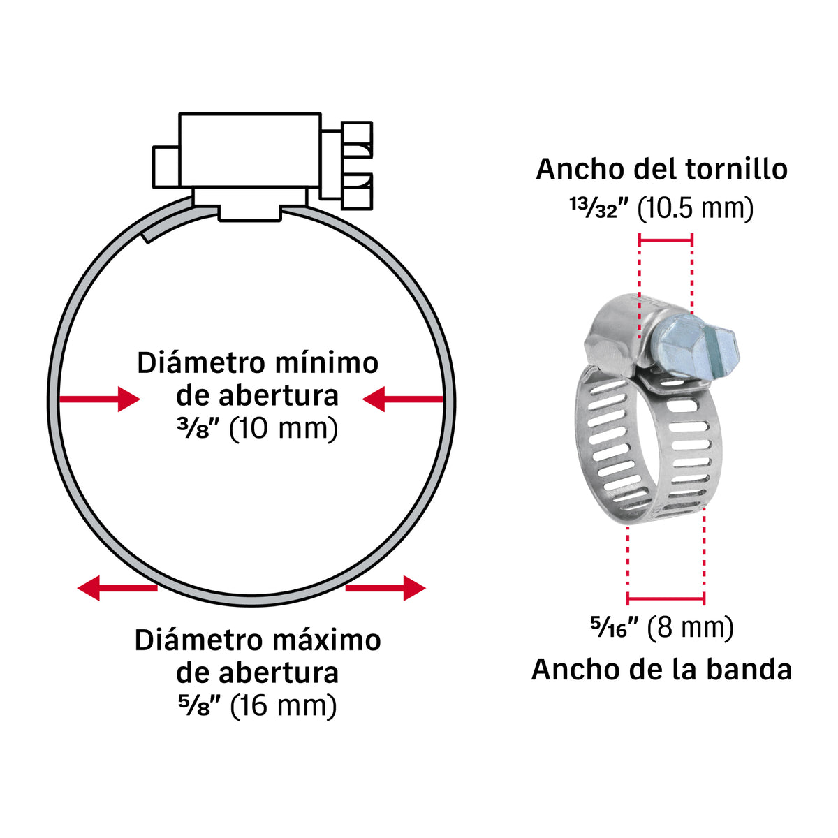 Mini-abrazadera reforzada, # 4, 3/8 - 5/8", bolsa 10 pzas