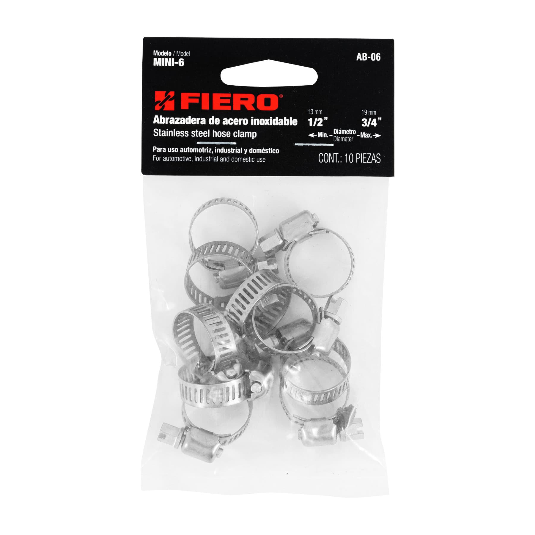 Mini-abrazadera reforzada, # 6, 1/2 - 3/4", bolsa 10 pzas