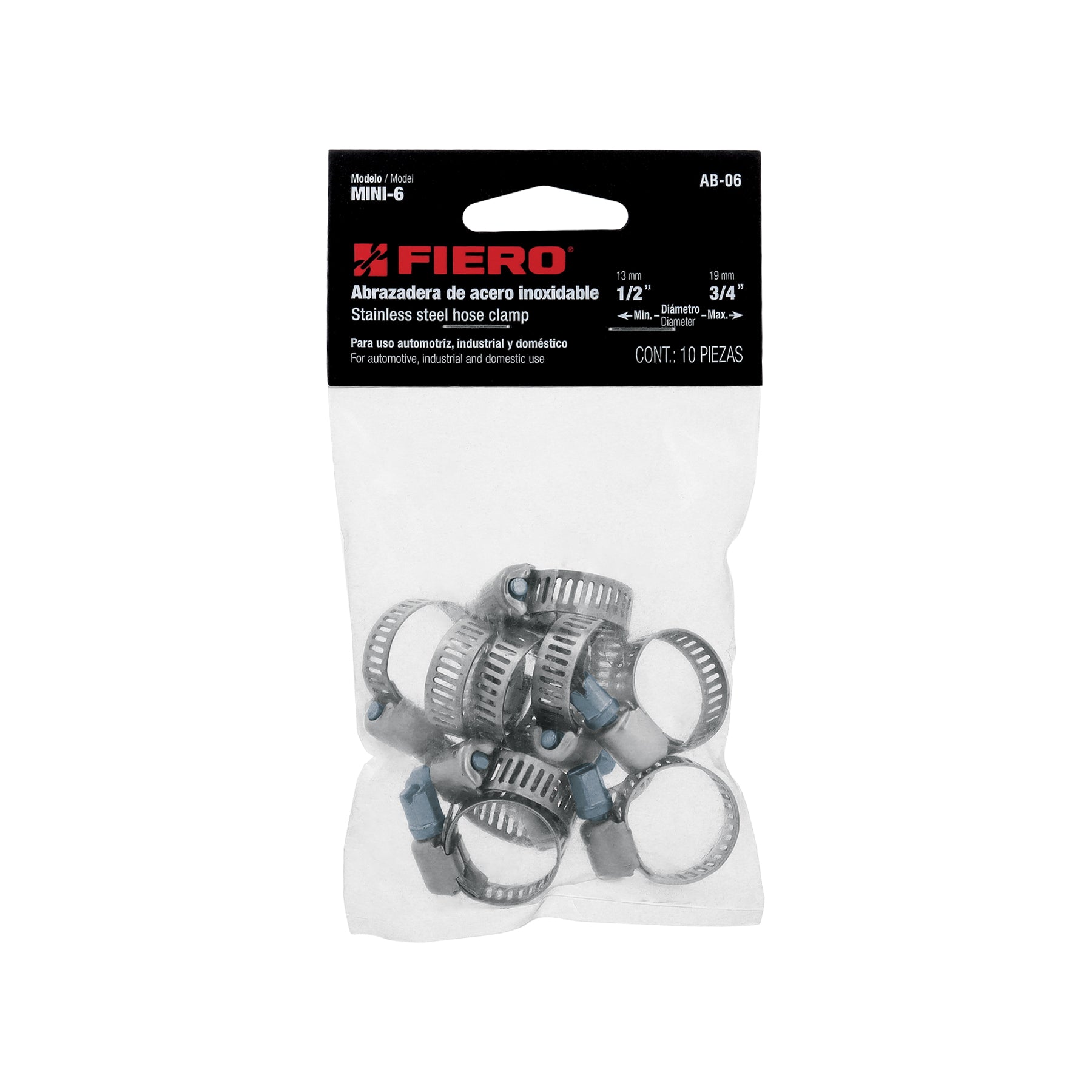 Mini-abrazadera reforzada, # 6, 1/2 - 3/4", bolsa 10 pzas