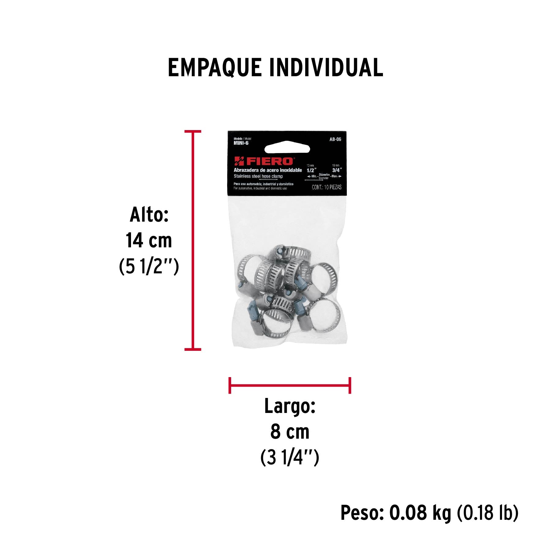 Mini-abrazadera reforzada, # 6, 1/2 - 3/4", bolsa 10 pzas
