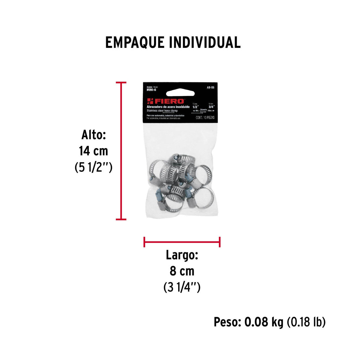 Mini-abrazadera reforzada, # 6, 1/2 - 3/4", bolsa 10 pzas