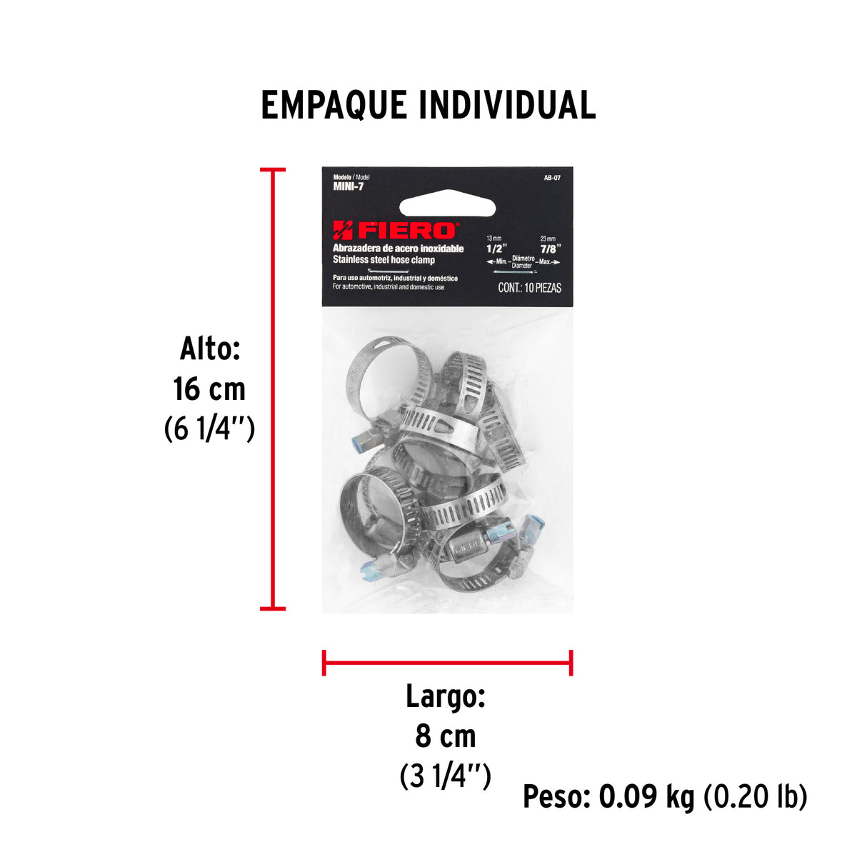 Mini-abrazadera reforzada #7, 1/2 - 7/8", bolsa con 10 pzas