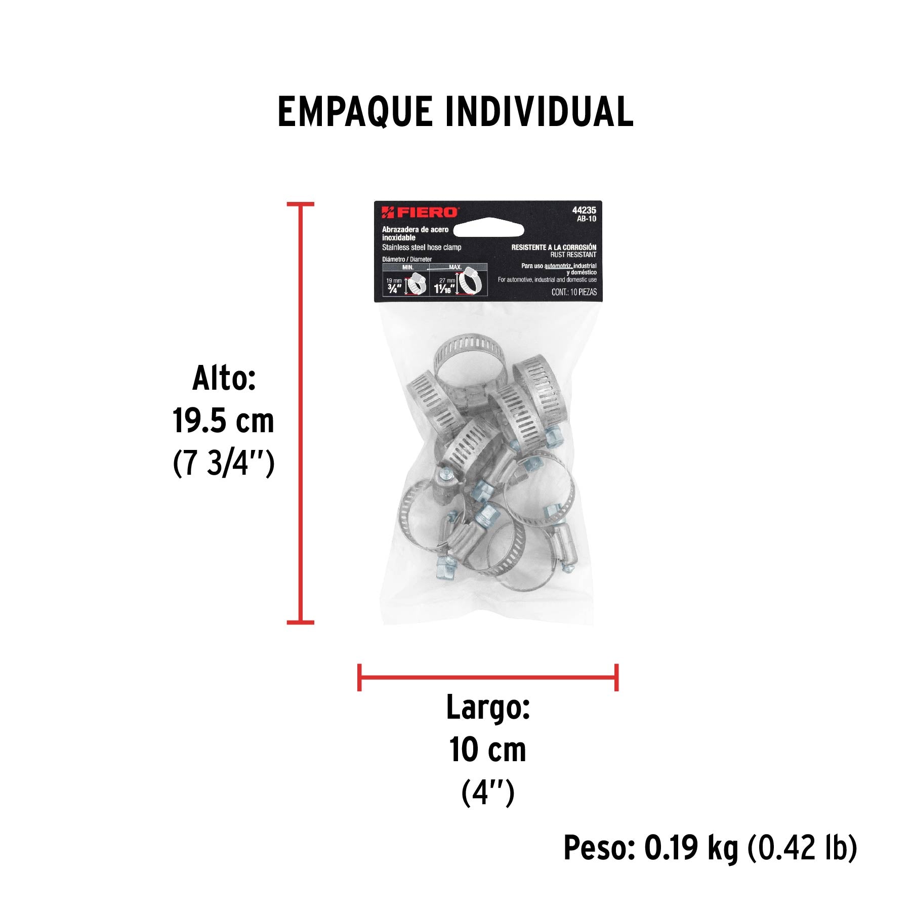 Abrazadera reforzada, # 10, 3/4 - 1-1/16", bolsa 10 pzas