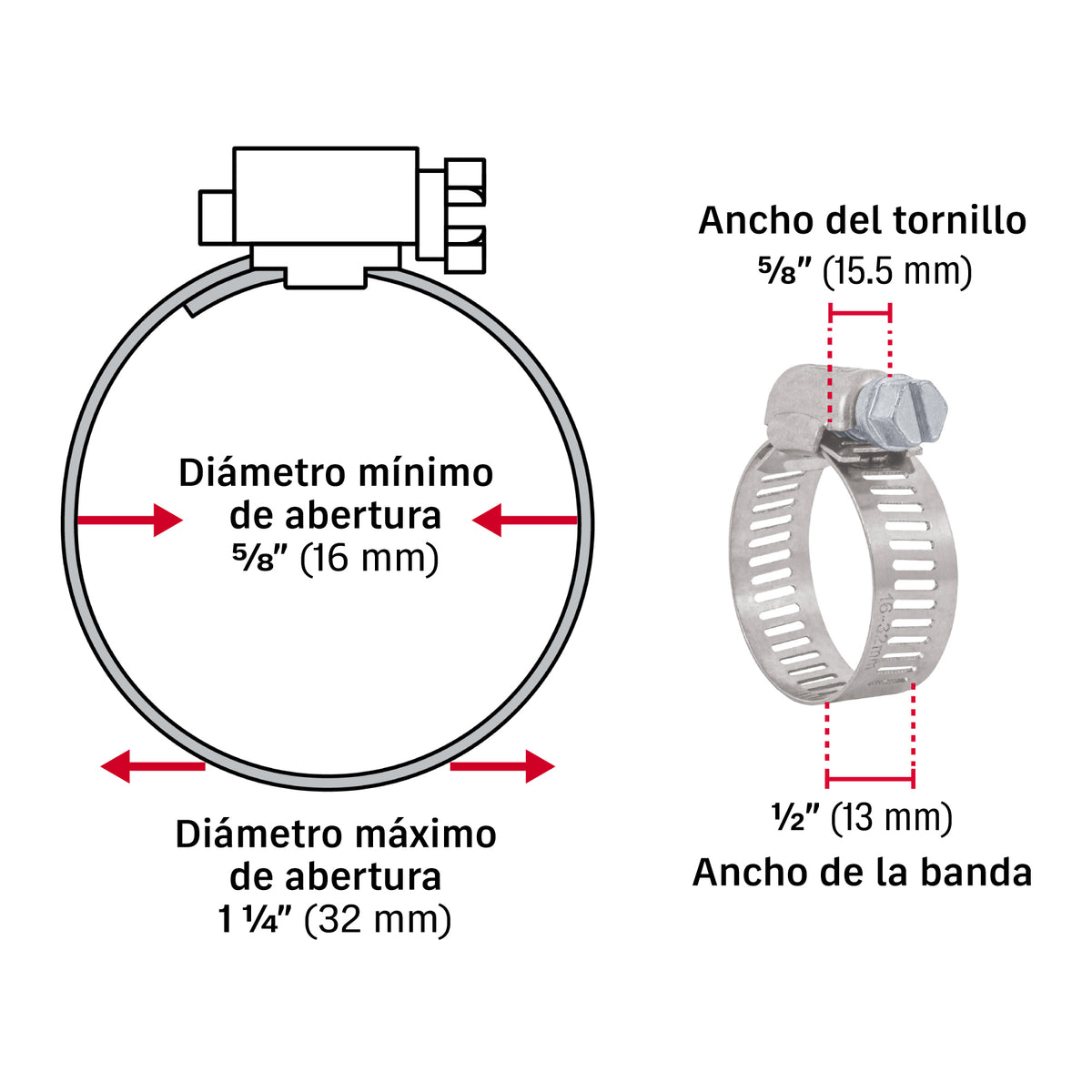 Abrazadera reforzada, # 12, 5/8 - 1-1/4", bolsa 10 pzas