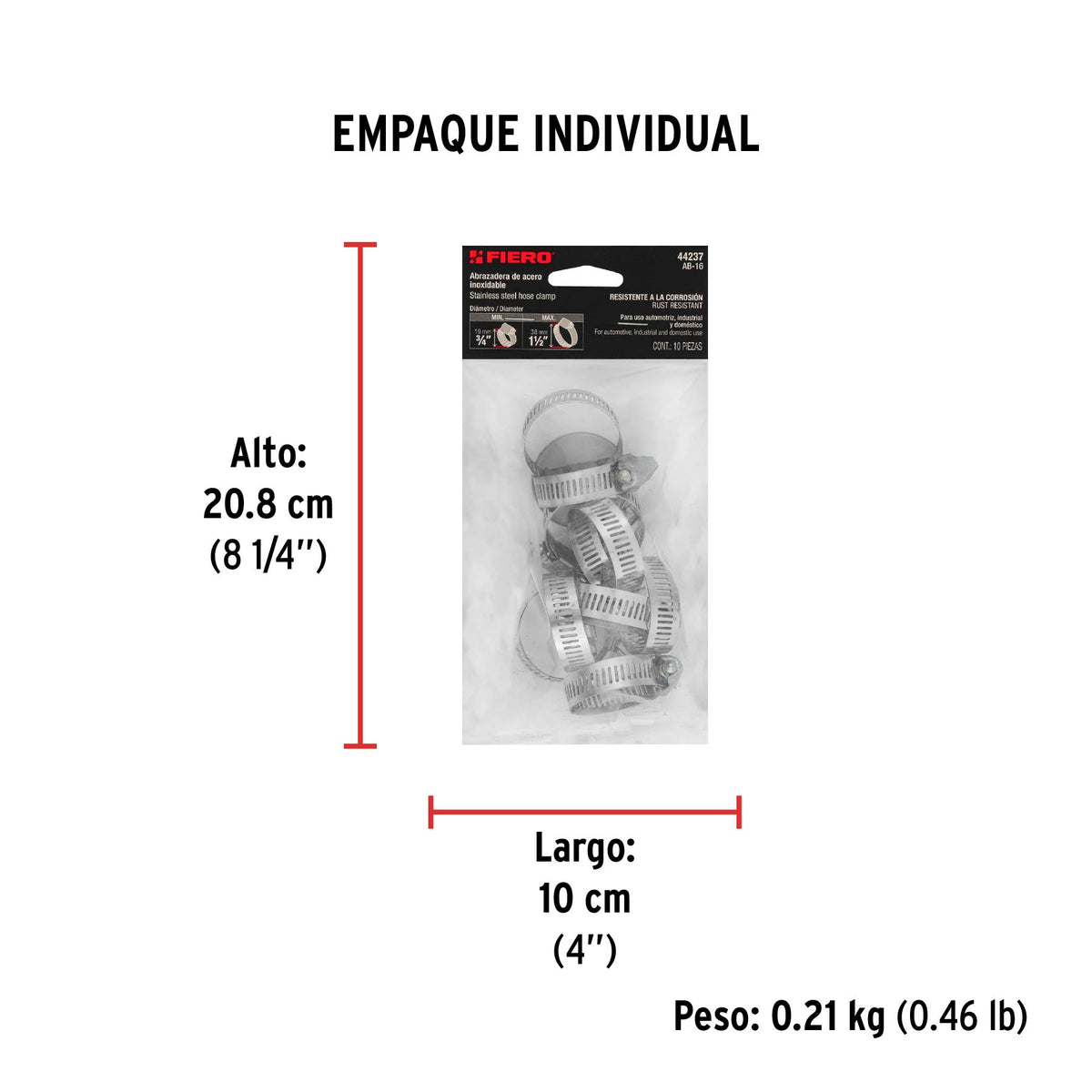 Abrazadera reforzada, # 16, 3/4 - 1-1/2", bolsa 10 pzas