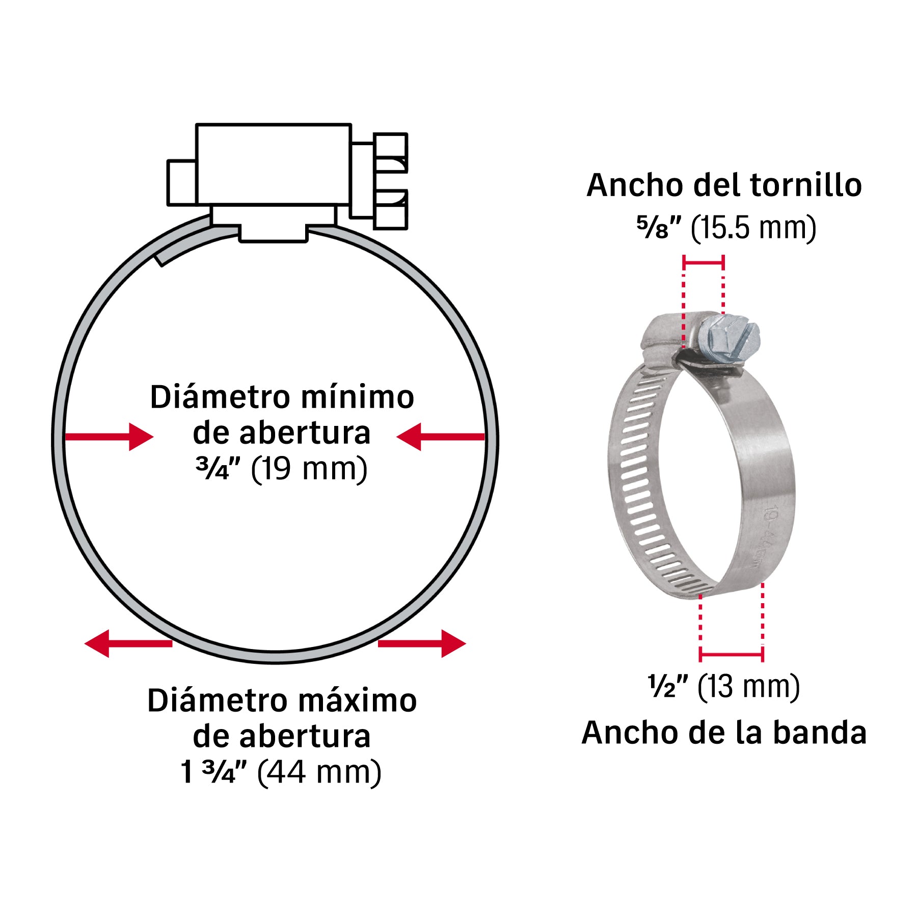 Abrazadera reforzada, # 20, 3/4 - 1-3/4" , bolsa 10 pzas