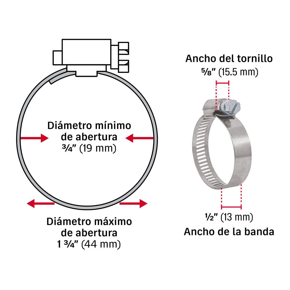 Abrazadera reforzada, # 20, 3/4 - 1-3/4" , bolsa 10 pzas