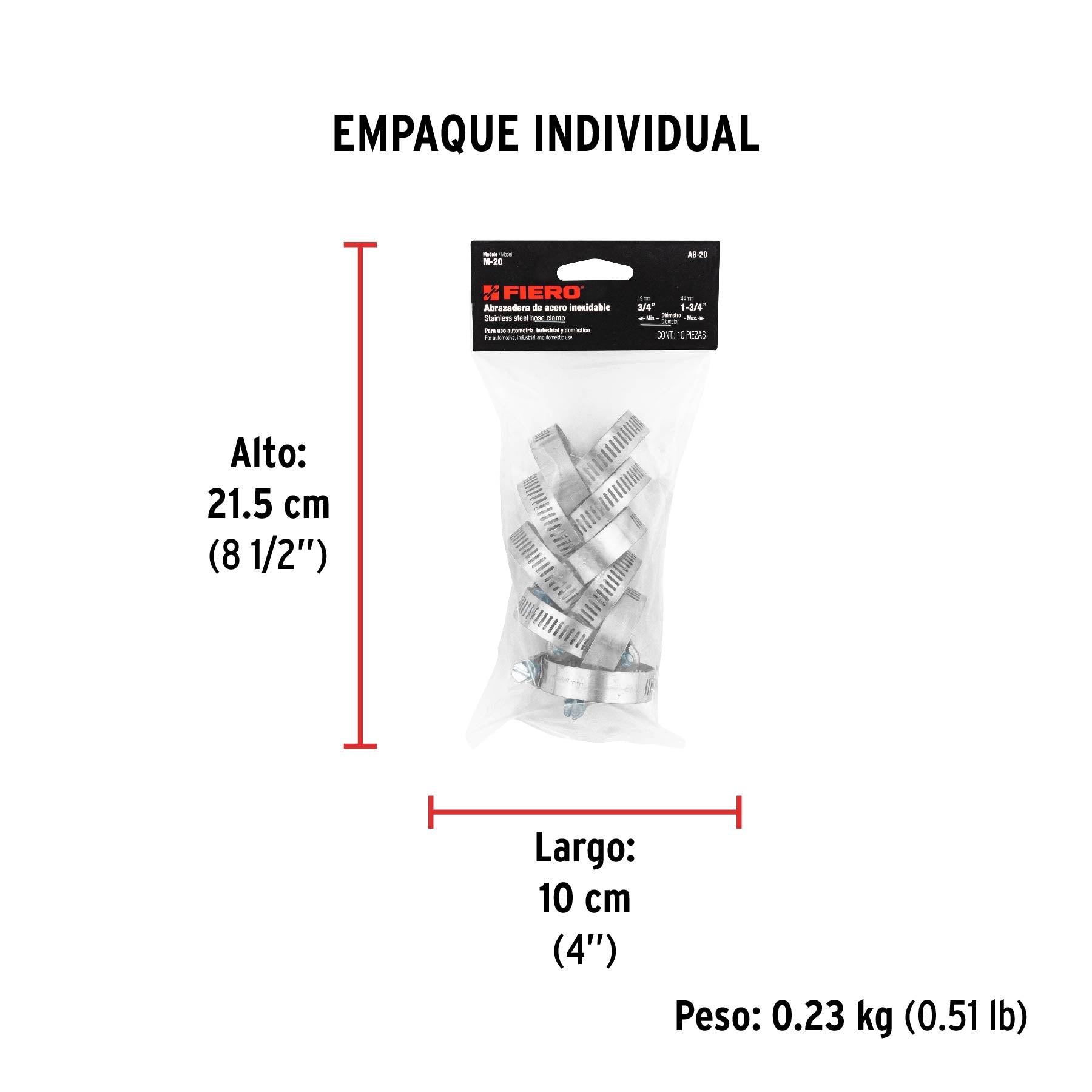 Abrazadera reforzada, # 20, 3/4 - 1-3/4" , bolsa 10 pzas