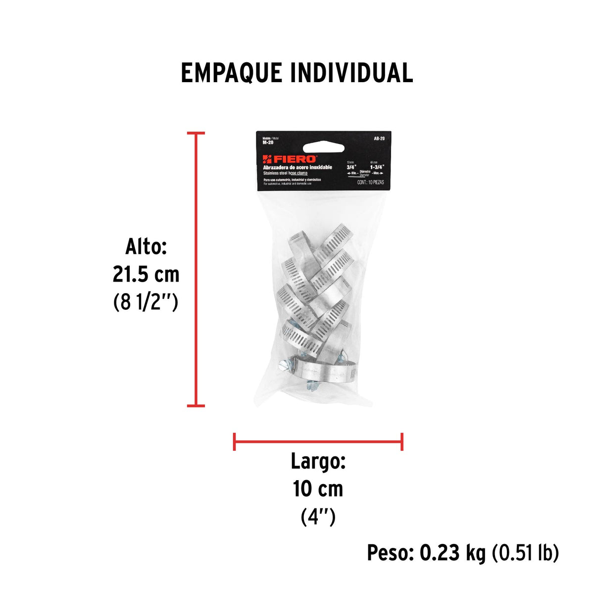 Abrazadera reforzada, # 20, 3/4 - 1-3/4" , bolsa 10 pzas