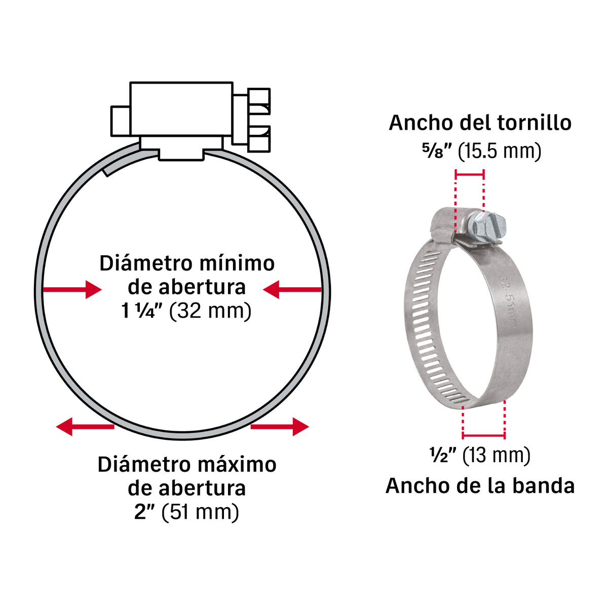 Abrazadera reforzada, # 24, 1-1/4 - 2", bolsa 10 pzas