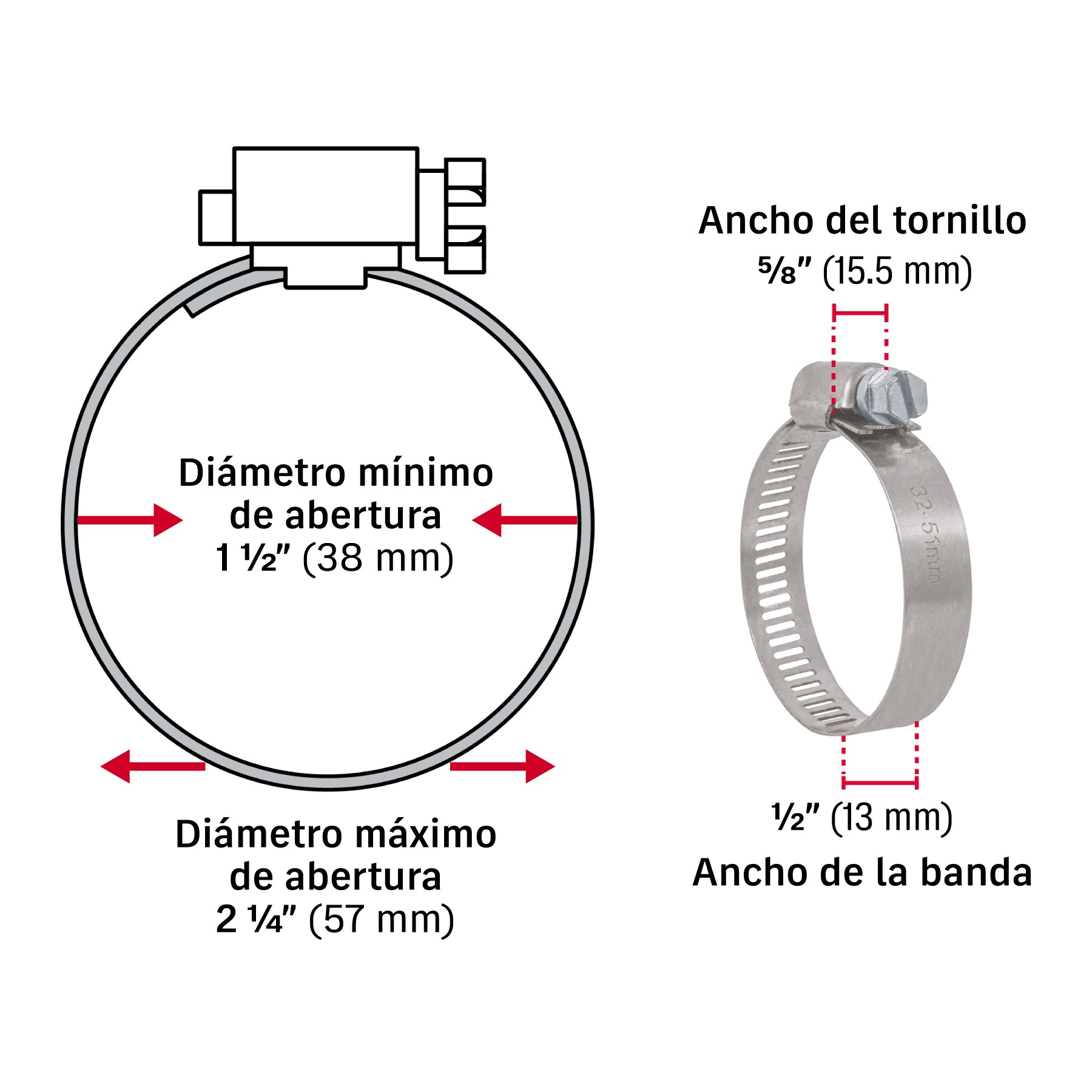 Abrazadera reforzada, # 28, 1-1/2 - 2-1/4", bolsa 10 pzas