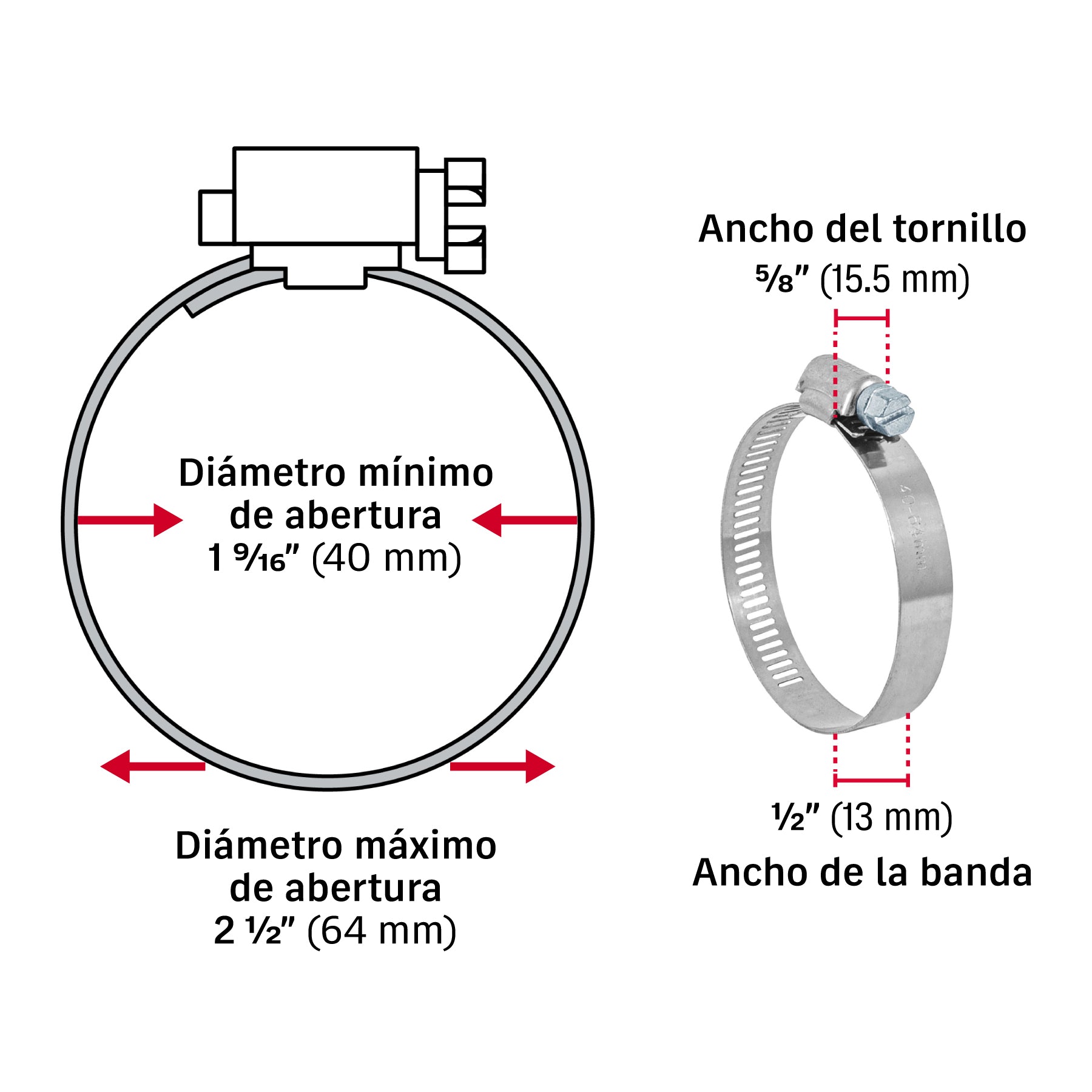 Abrazadera reforzada, # 32, 1-9/16 - 2-1/2", bolsa 5 pzas