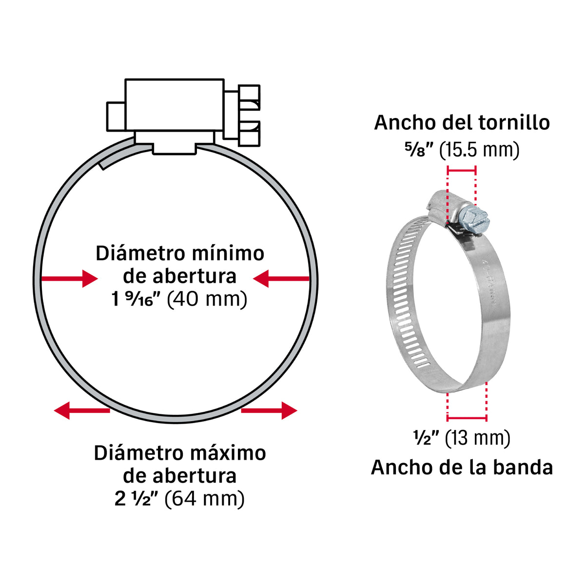Abrazadera reforzada, # 32, 1-9/16 - 2-1/2", bolsa 5 pzas