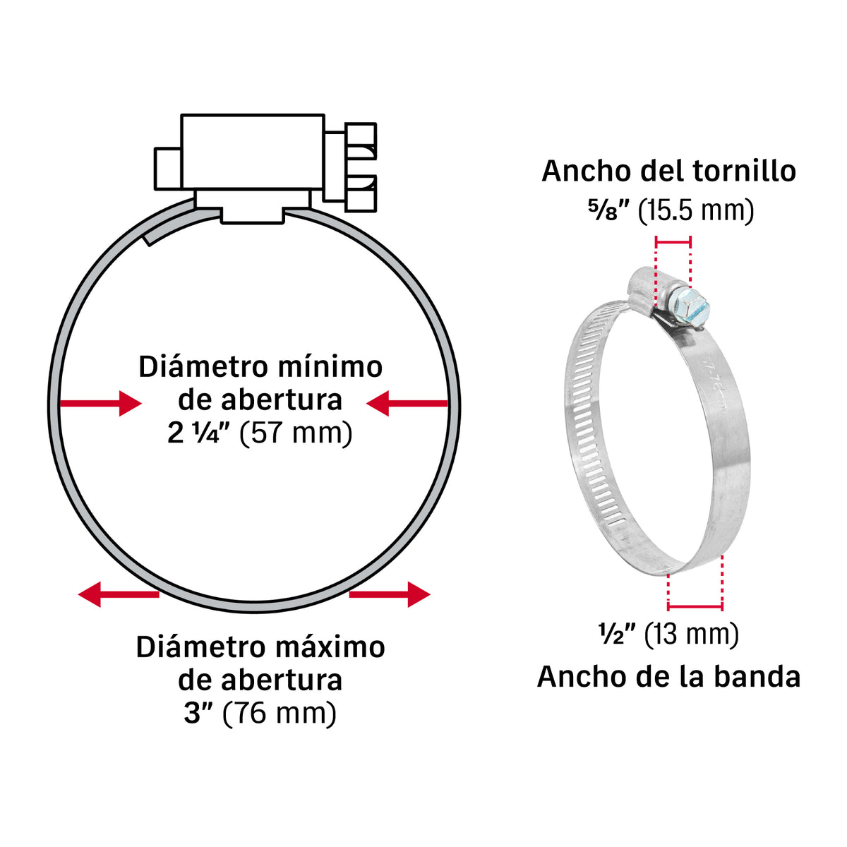Abrazadera reforzada, # 40, 2-1/4 - 3", bolsa 5 piezas