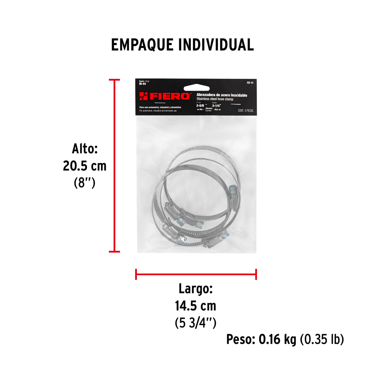 Abrazadera reforzada, # 44, 2-5/8 - 3-1/4", bolsa 5 pzas