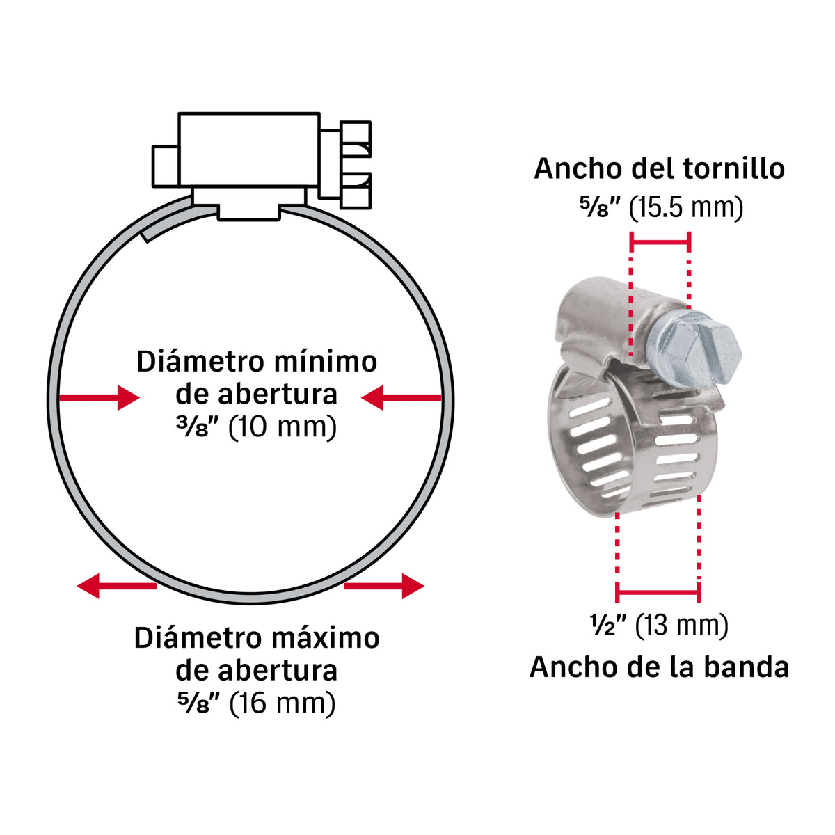 Abrazadera reforzada, # 4, 3/8 - 5/8", bolsa 10 pzas