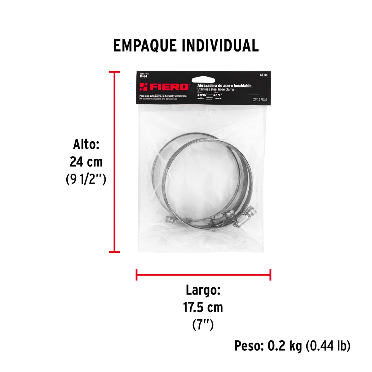 Abrazadera reforzada, # 64, 3-9/16 - 3-1/2", bolsa 5 pzas