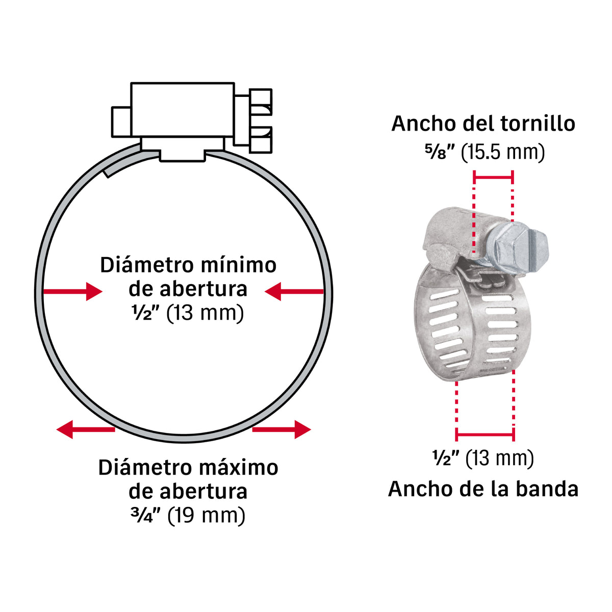 Abrazadera reforzada, # 6, 1/2 - 3/4", bolsa 10 pzas