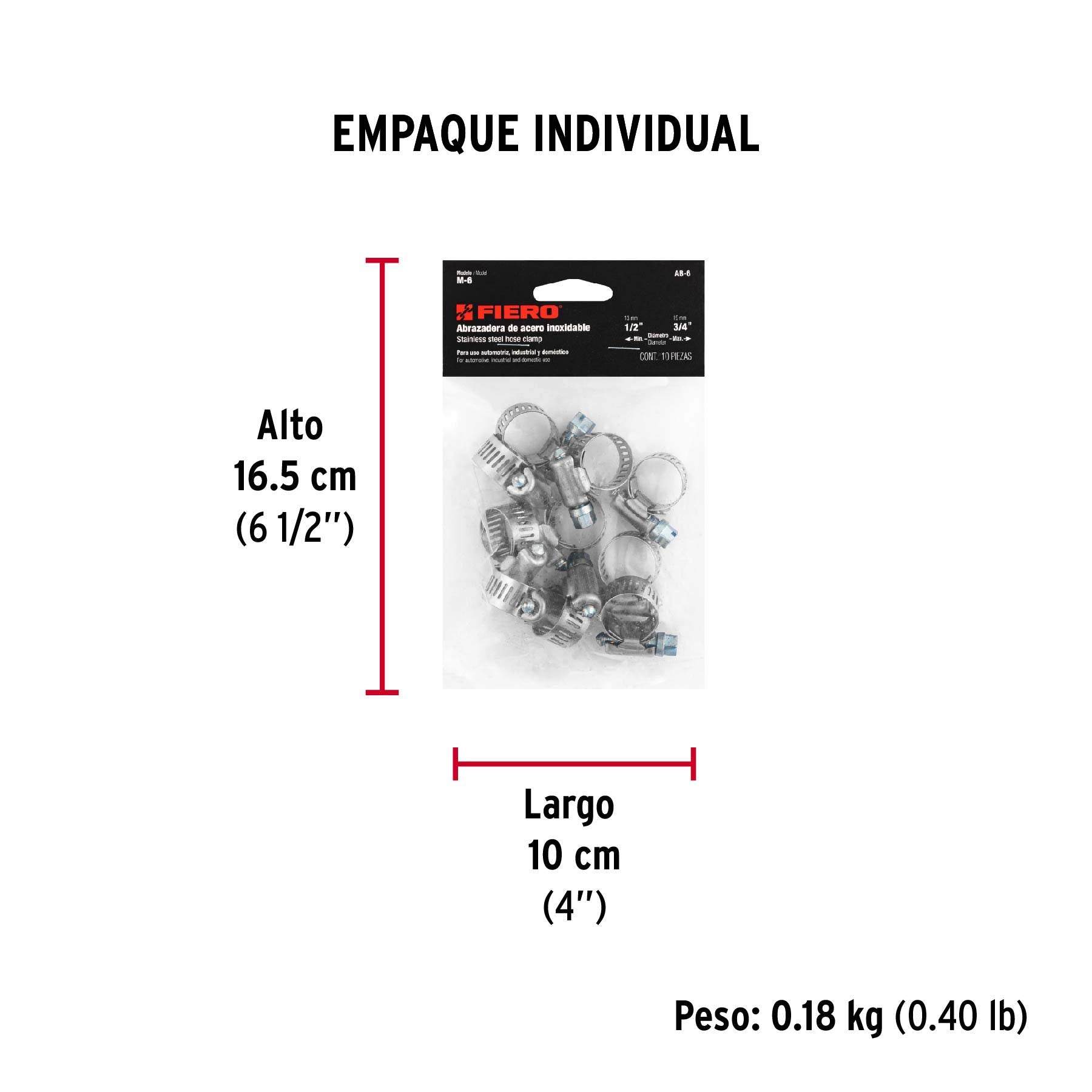 Abrazadera reforzada, # 6, 1/2 - 3/4", bolsa 10 pzas