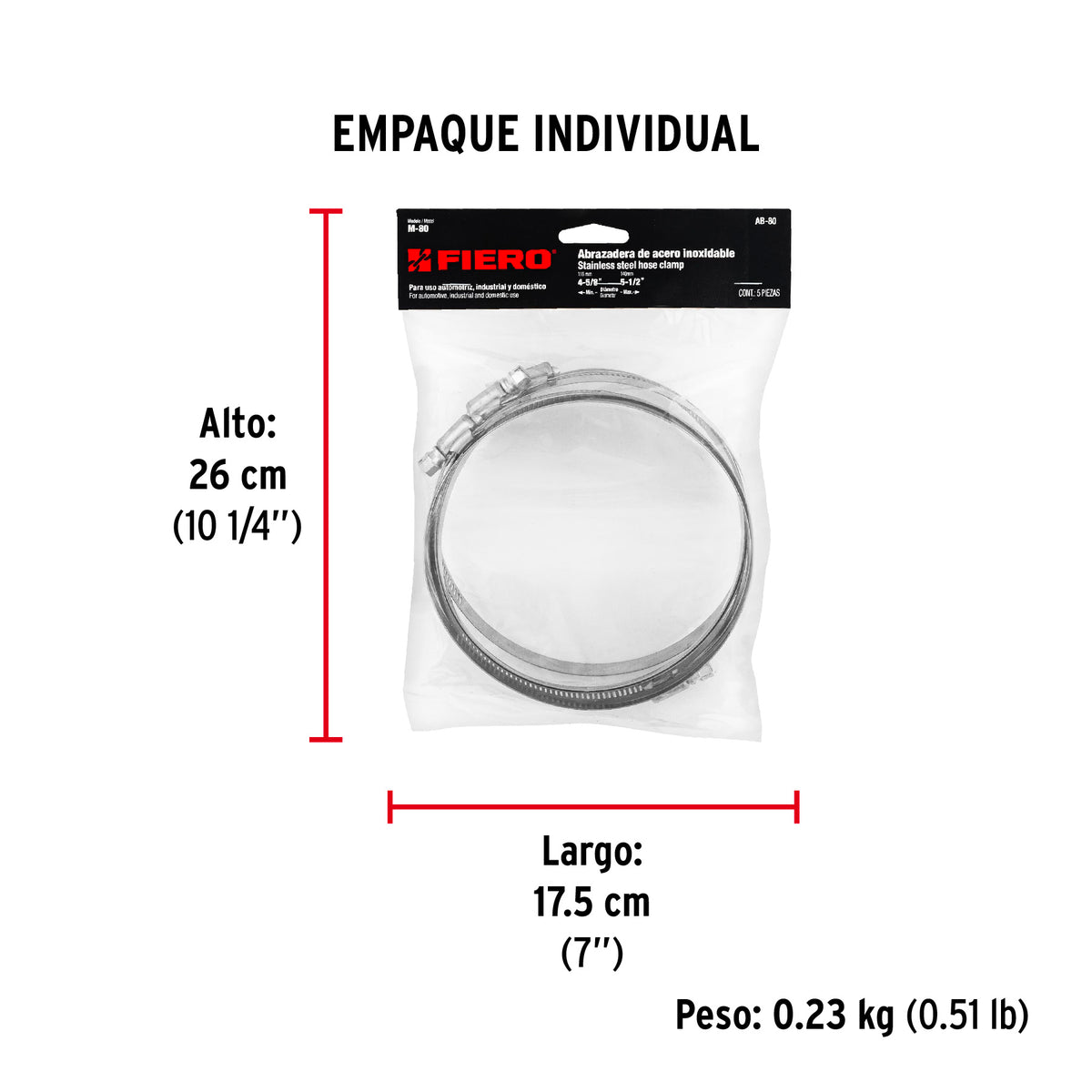 Abrazadera reforzada, # 80, 4-5/8 - 5-1/2", bolsa 5 pzas