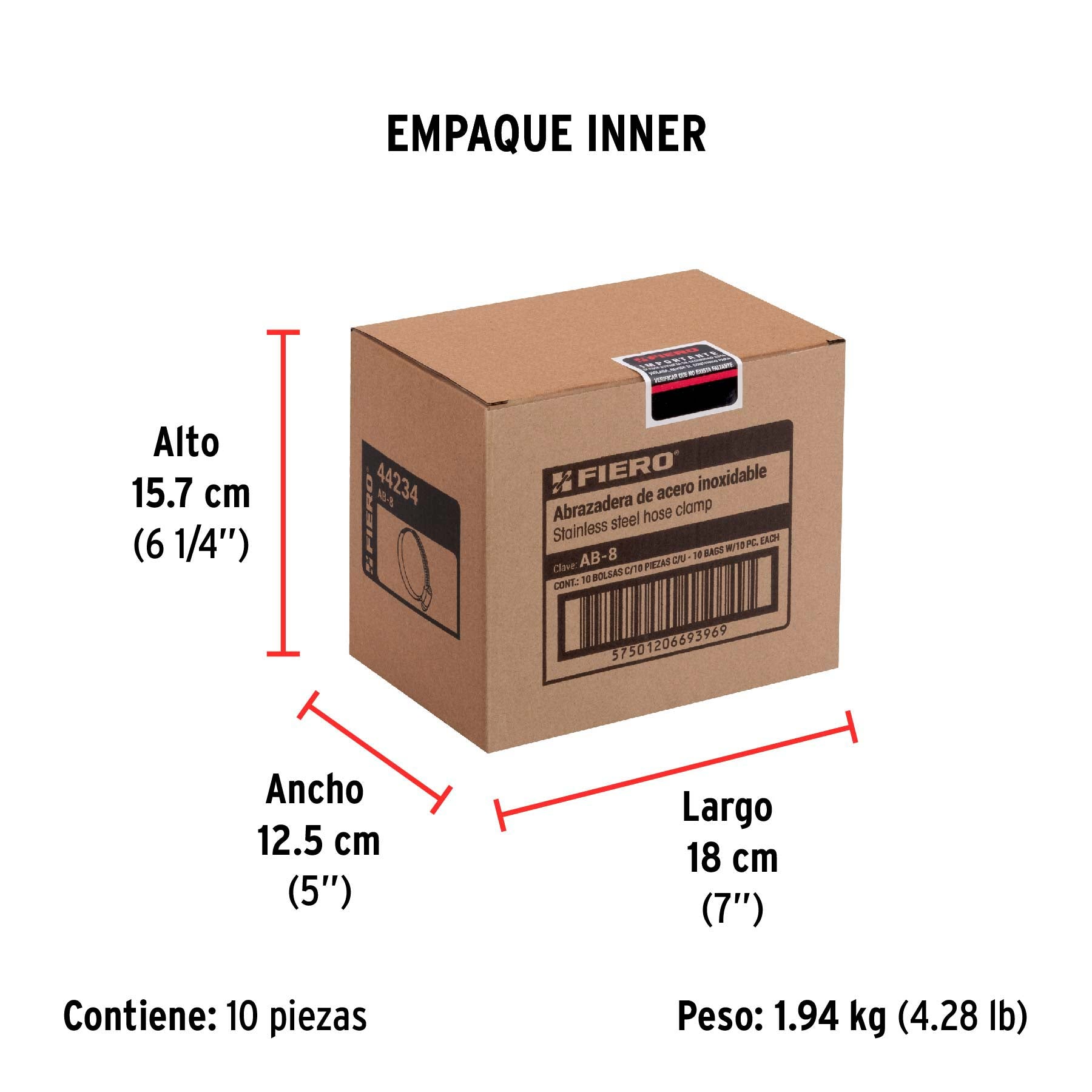 Abrazadera reforzada, # 8, 5/8 - 7/8", bolsa 10 pzas