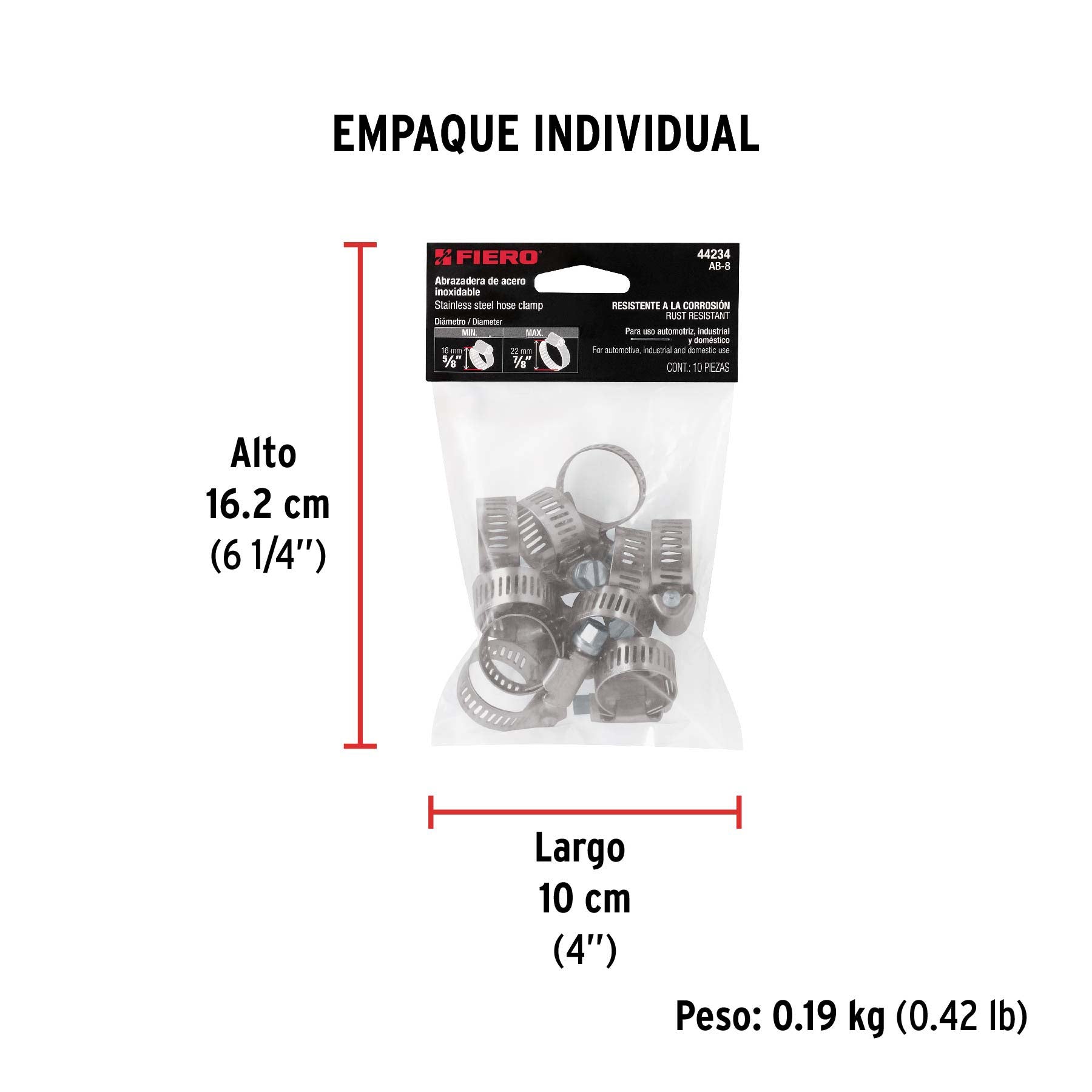Abrazadera reforzada, # 8, 5/8 - 7/8", bolsa 10 pzas