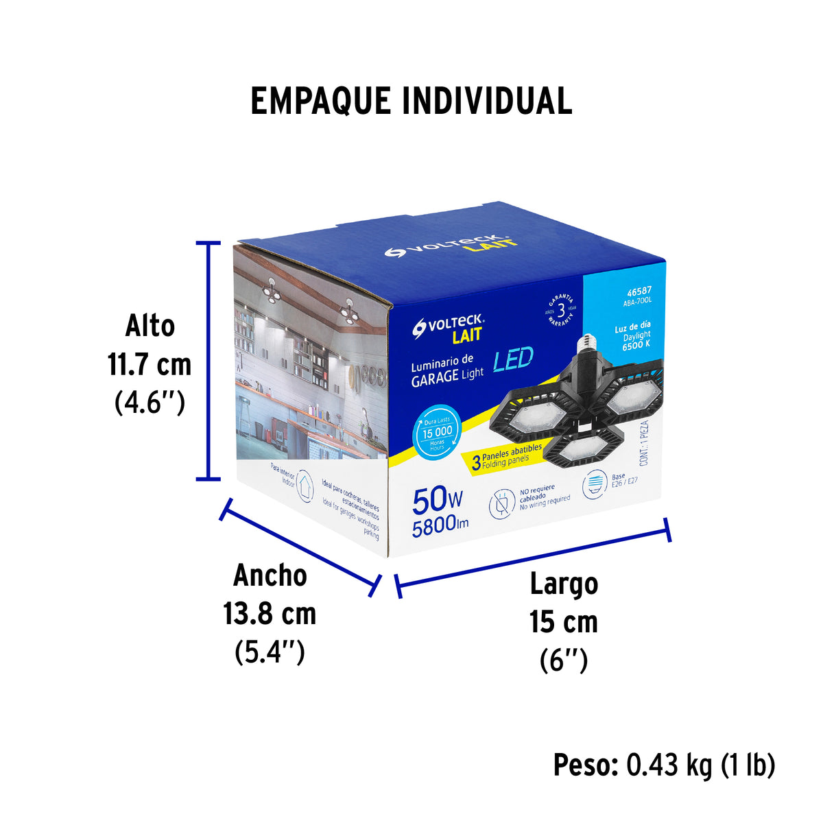 Luminario de LED 65 W, aluminio con 3 paneles abatibles