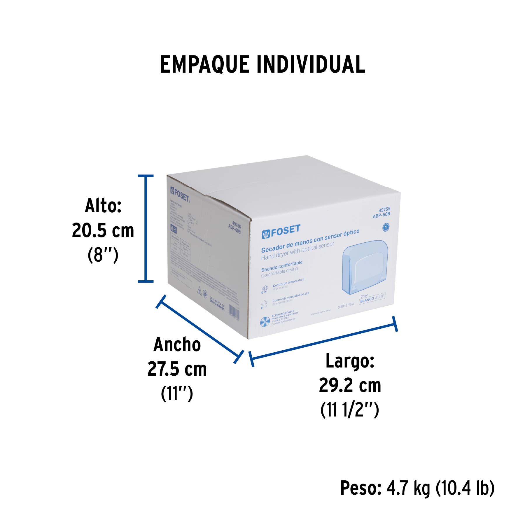 Secador de manos con sensor óptico, acero, blanco, FOSET