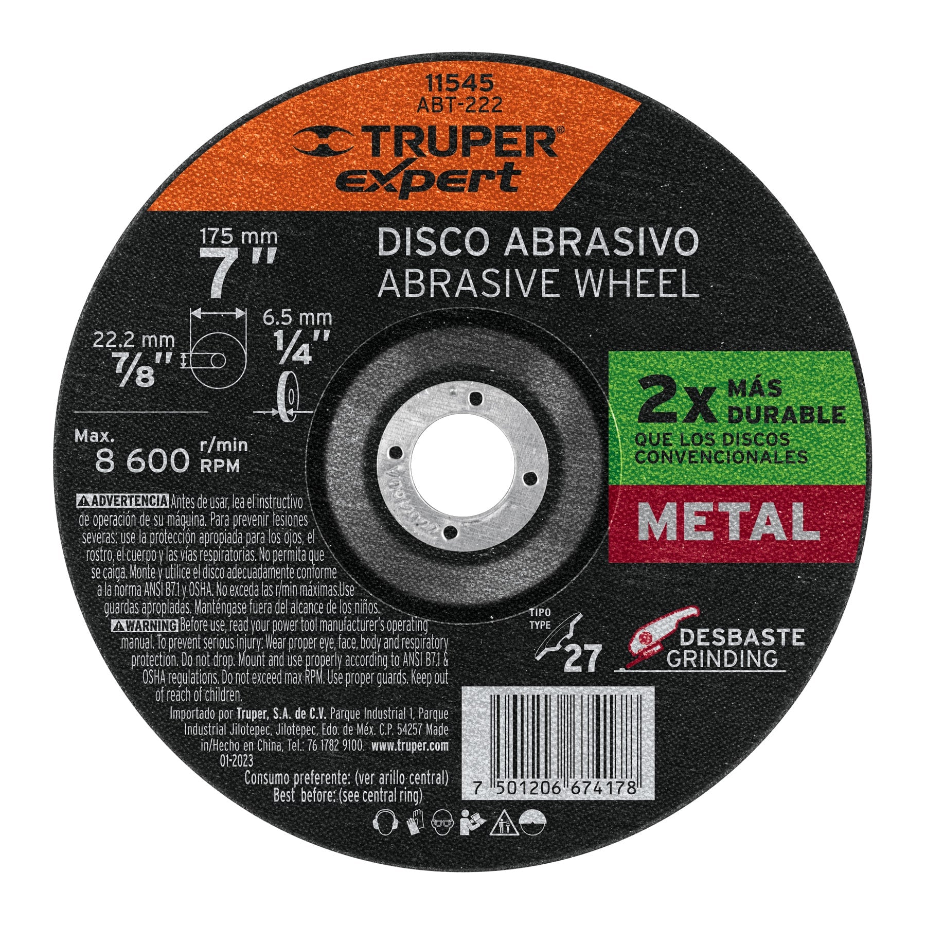Disco desbaste metal, tipo27,diámetro 7",alto rendimiento