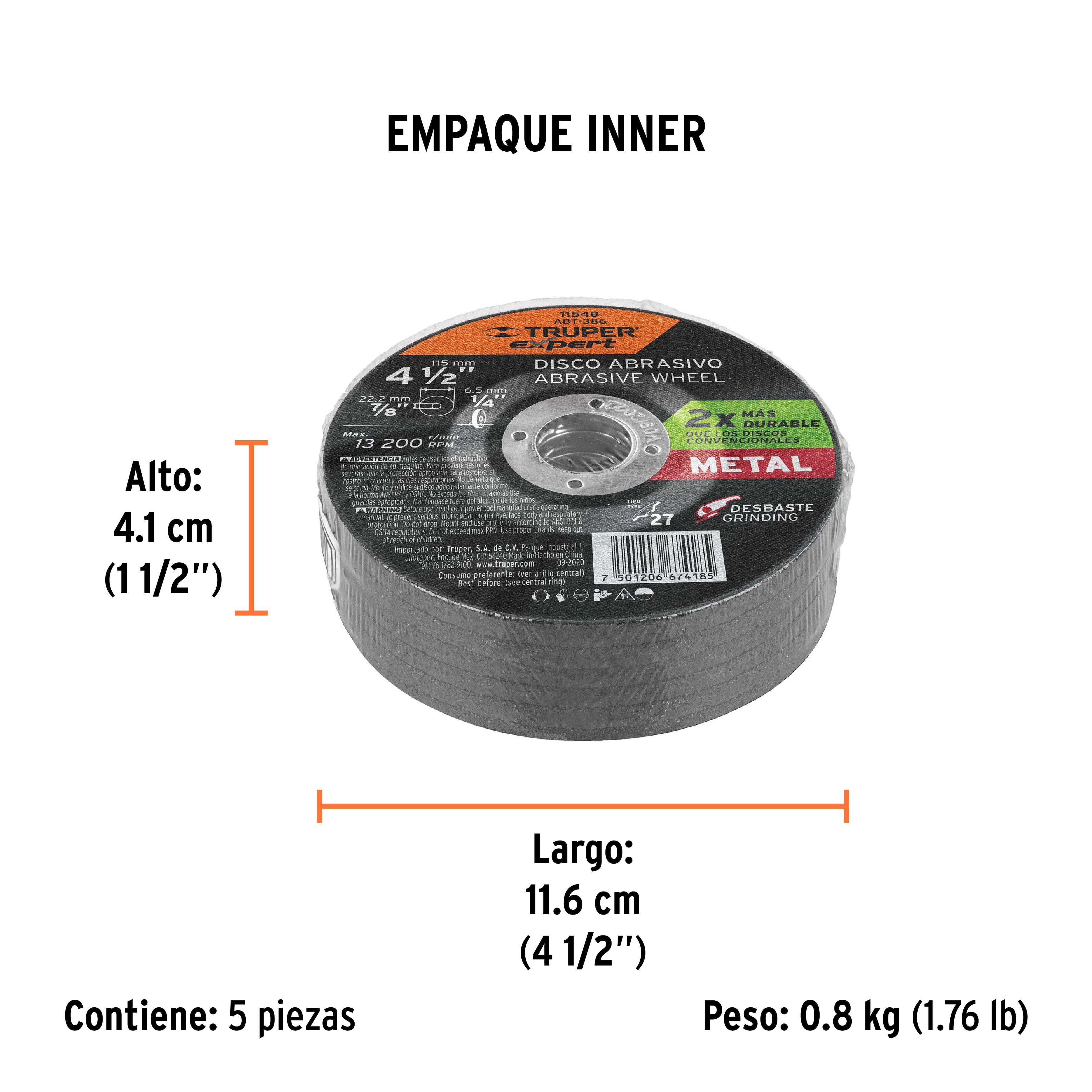 Disco desbaste metal,tipo27,diámetro 4-1/2",alto rendimiento