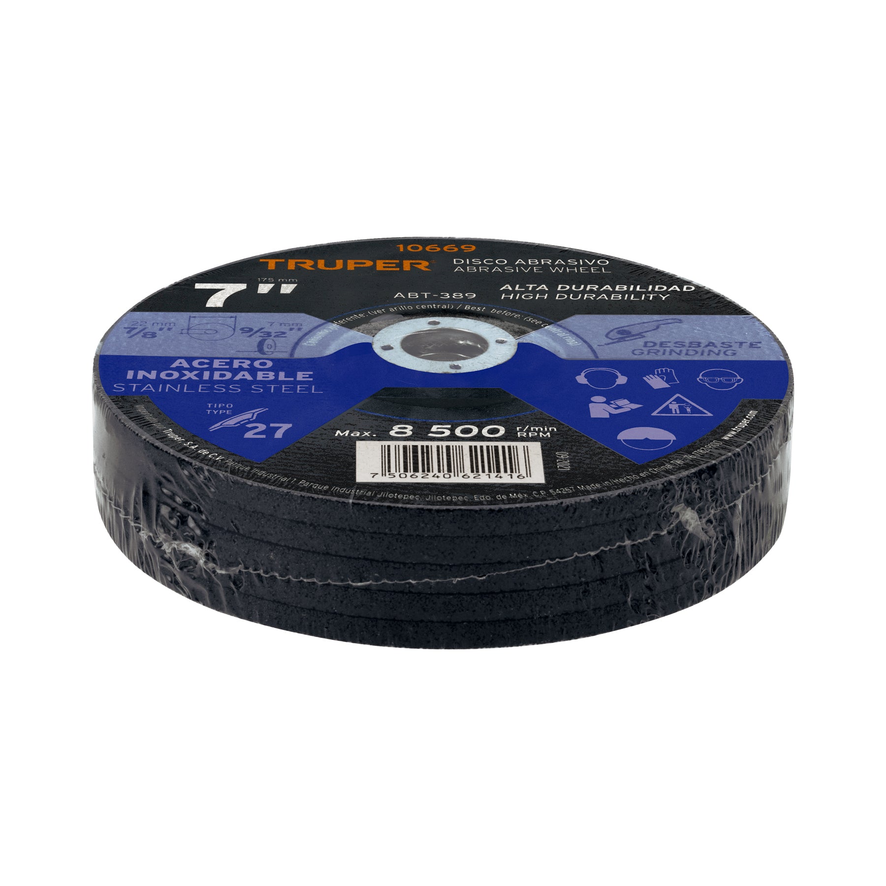 Disco para desbaste de acero inoxidable, tipo 27, 7"
