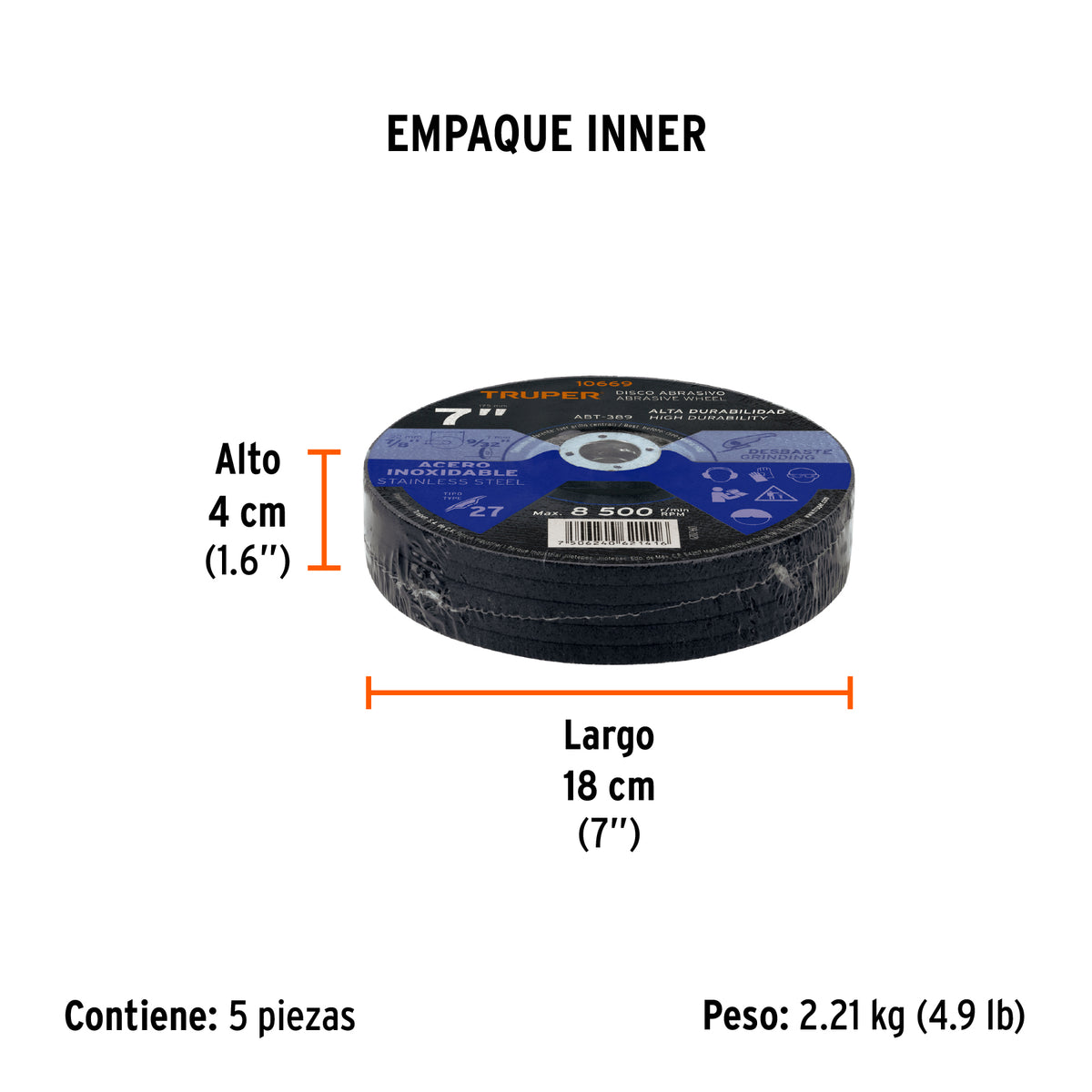 Disco para desbaste de acero inoxidable, tipo 27, 7"