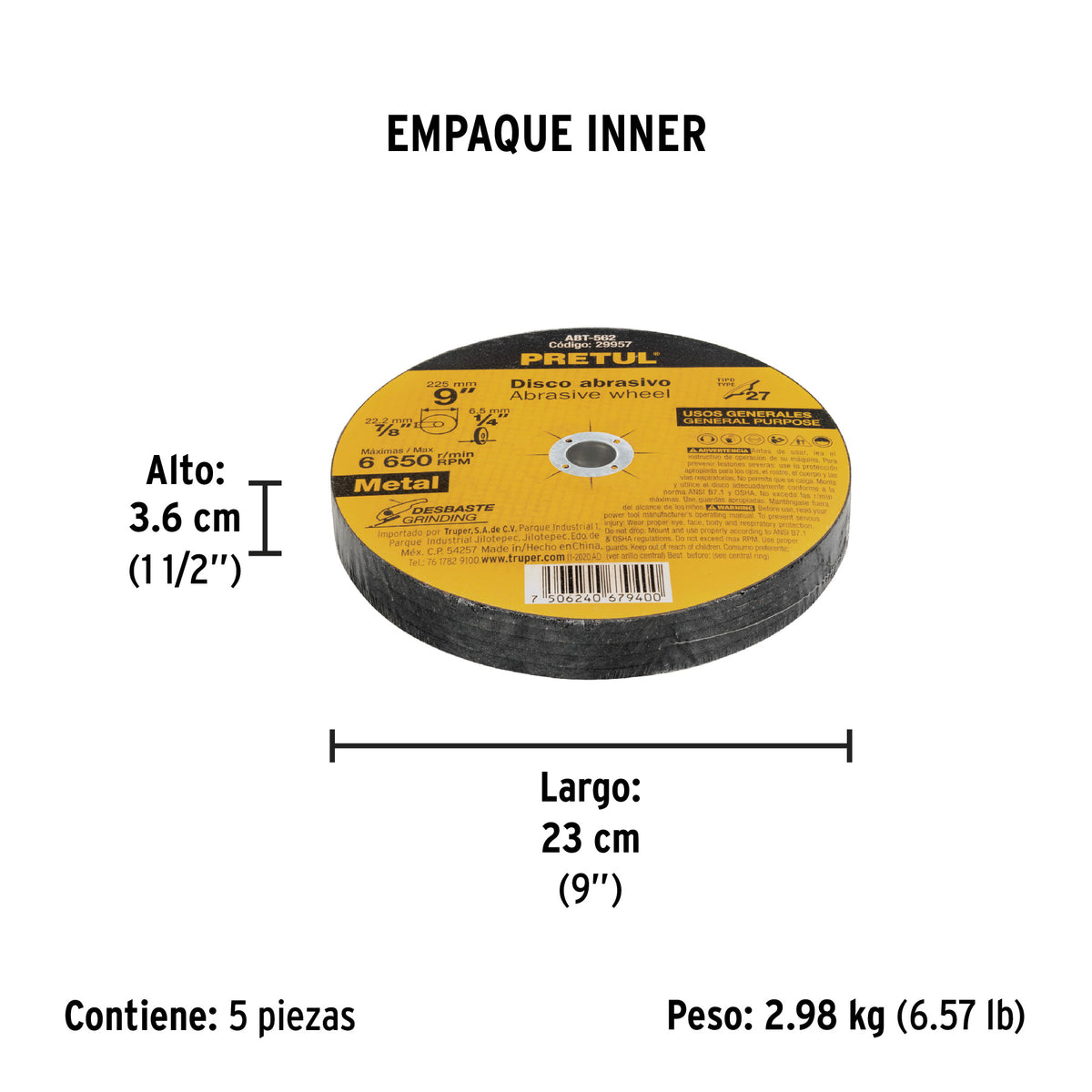 Disco para desbaste de metal, tipo 27, diámetro 9', Pretul