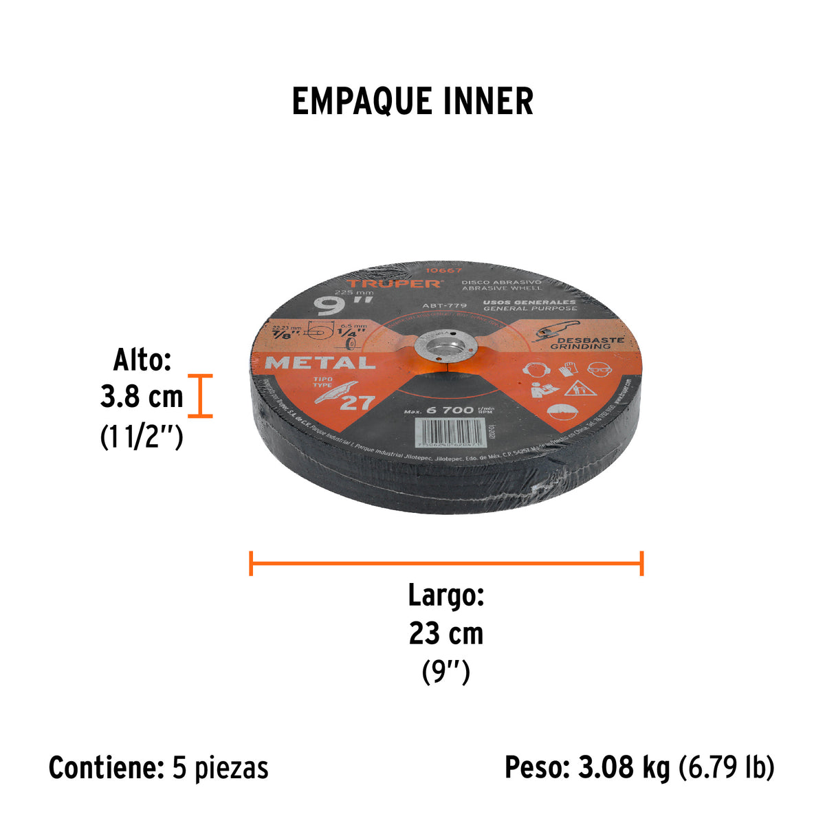 Disco para desbaste de metal, tipo 27, diámetro 9"