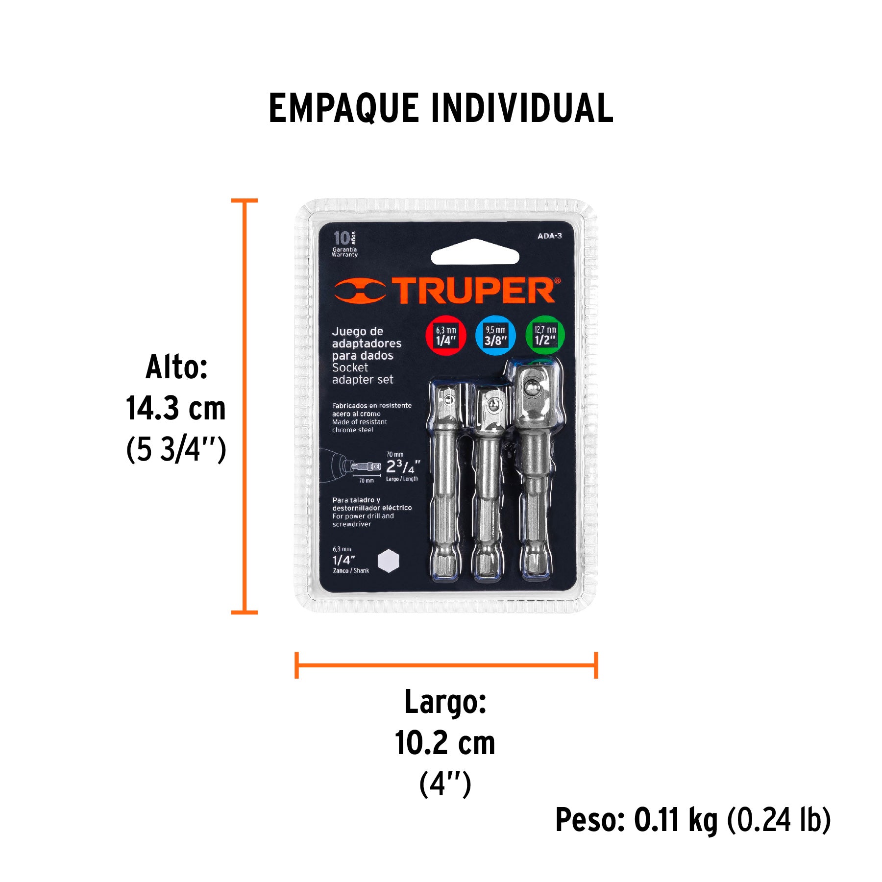 Juego de adaptadores para dados, 1/4", 3/8" y 1/2", 3 piezas