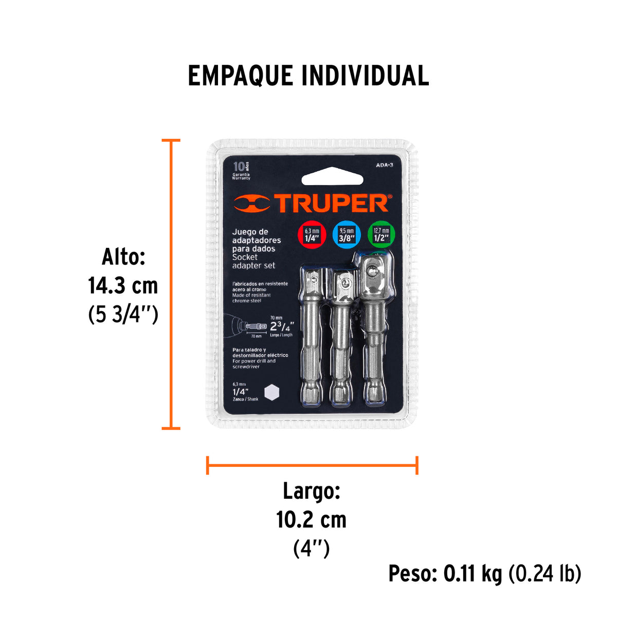 Juego de adaptadores para dados, 1/4", 3/8" y 1/2", 3 piezas
