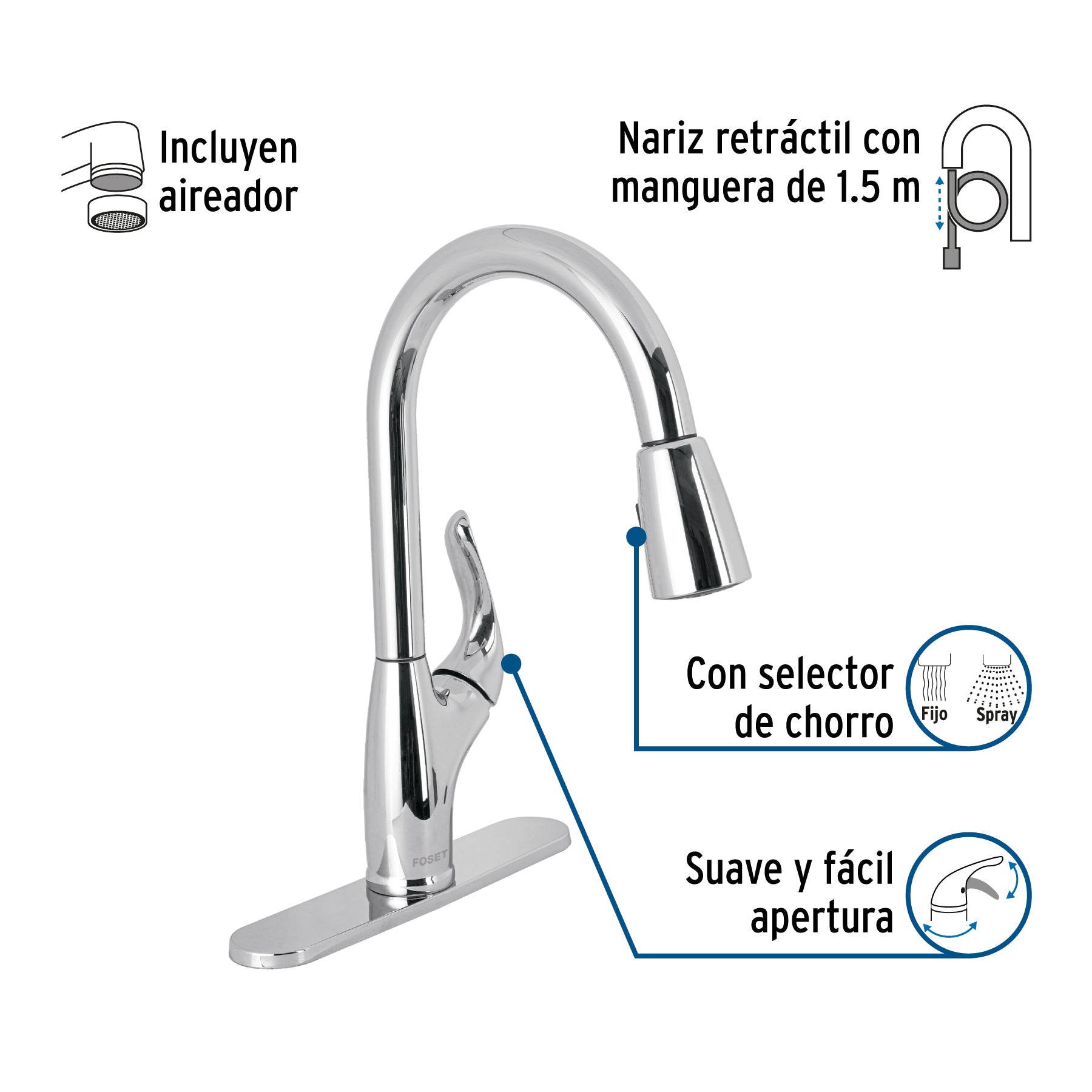 Monomando nariz retráctil para fregadero, cromo, FOSET AERO