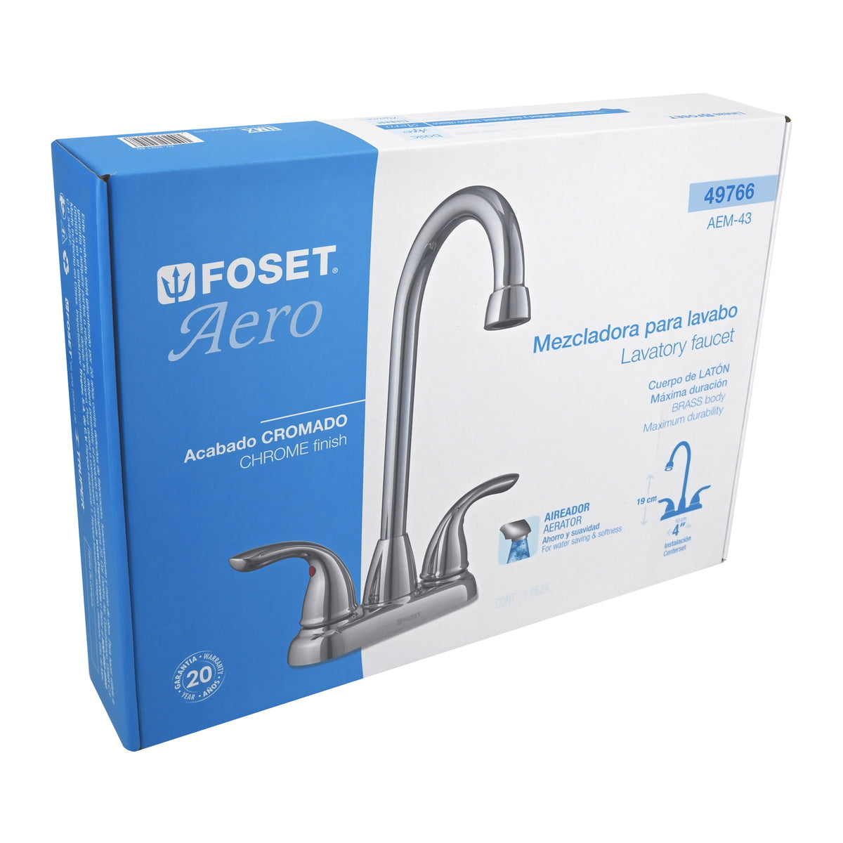 Mezcladora 4" cuello tipo bar para lavabo, FOSET AERO