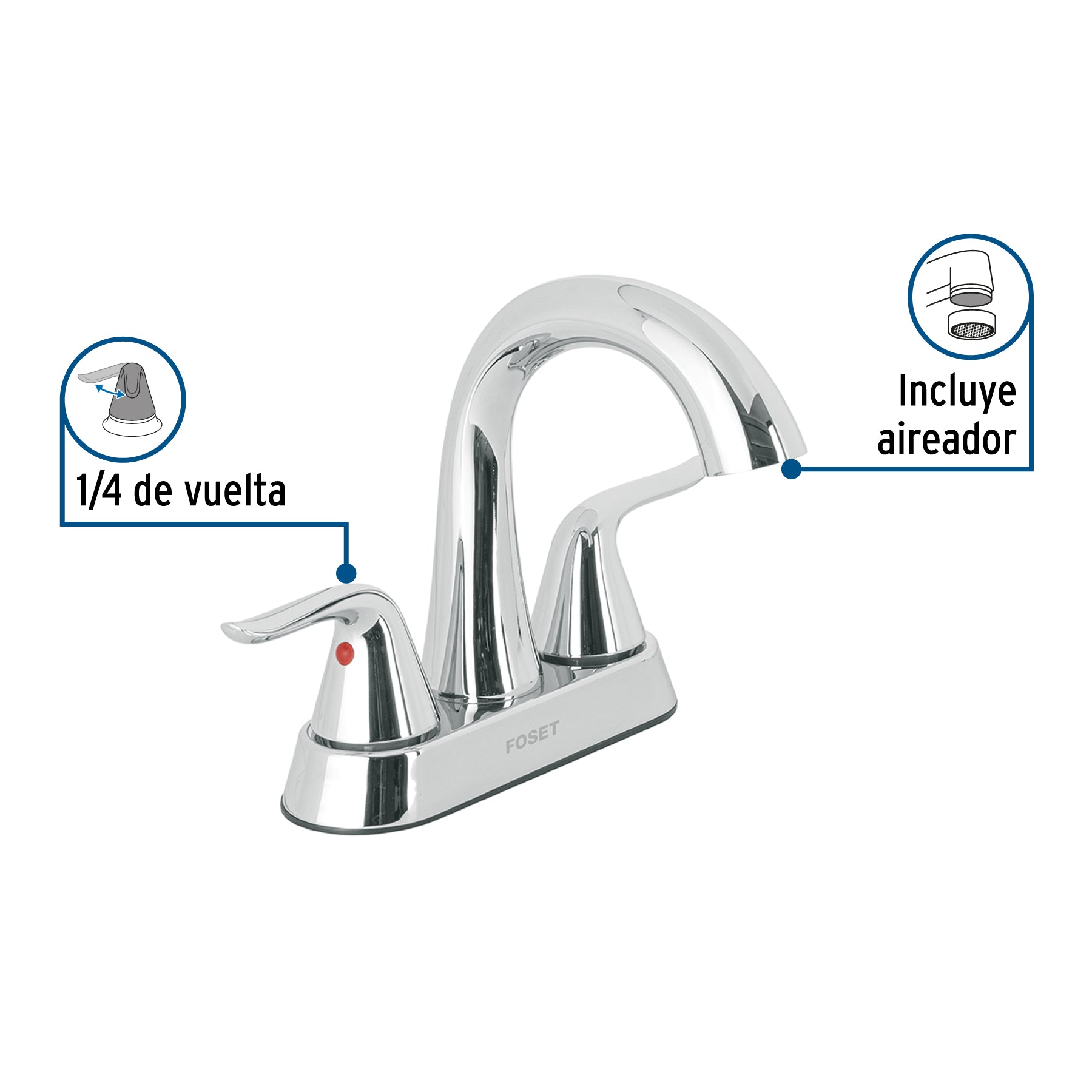 Mezcladora lavabo 4' cromo, cuello alto, palanca, FOSET AERO