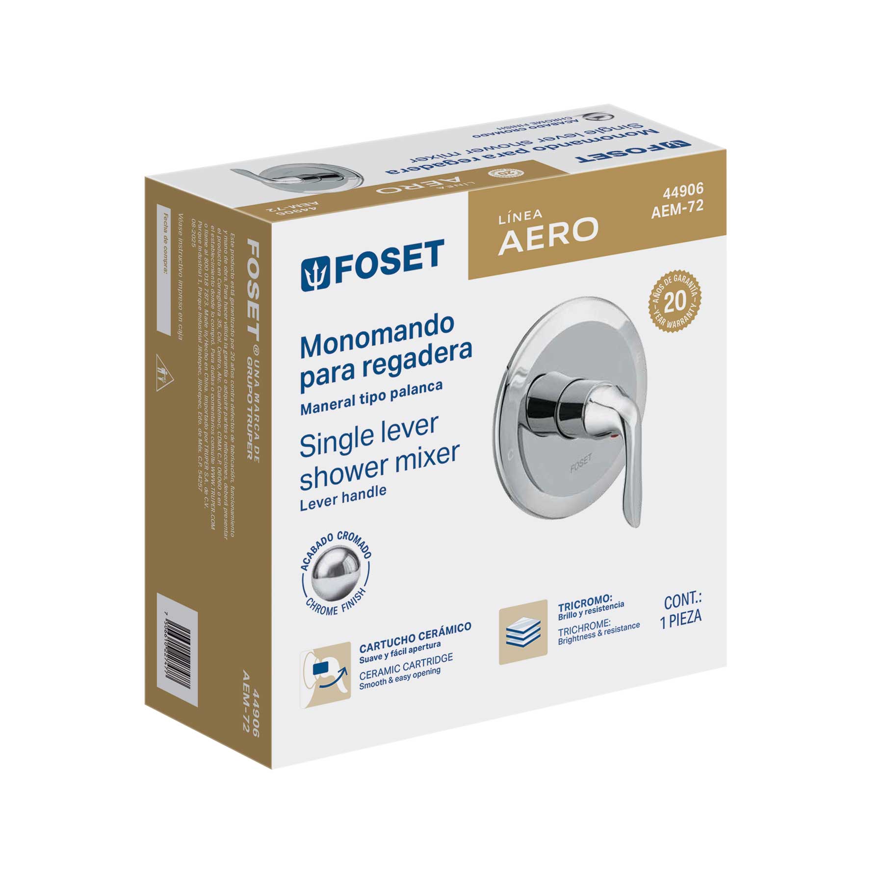 Monomando para regadera, cromo, FOSET AERO