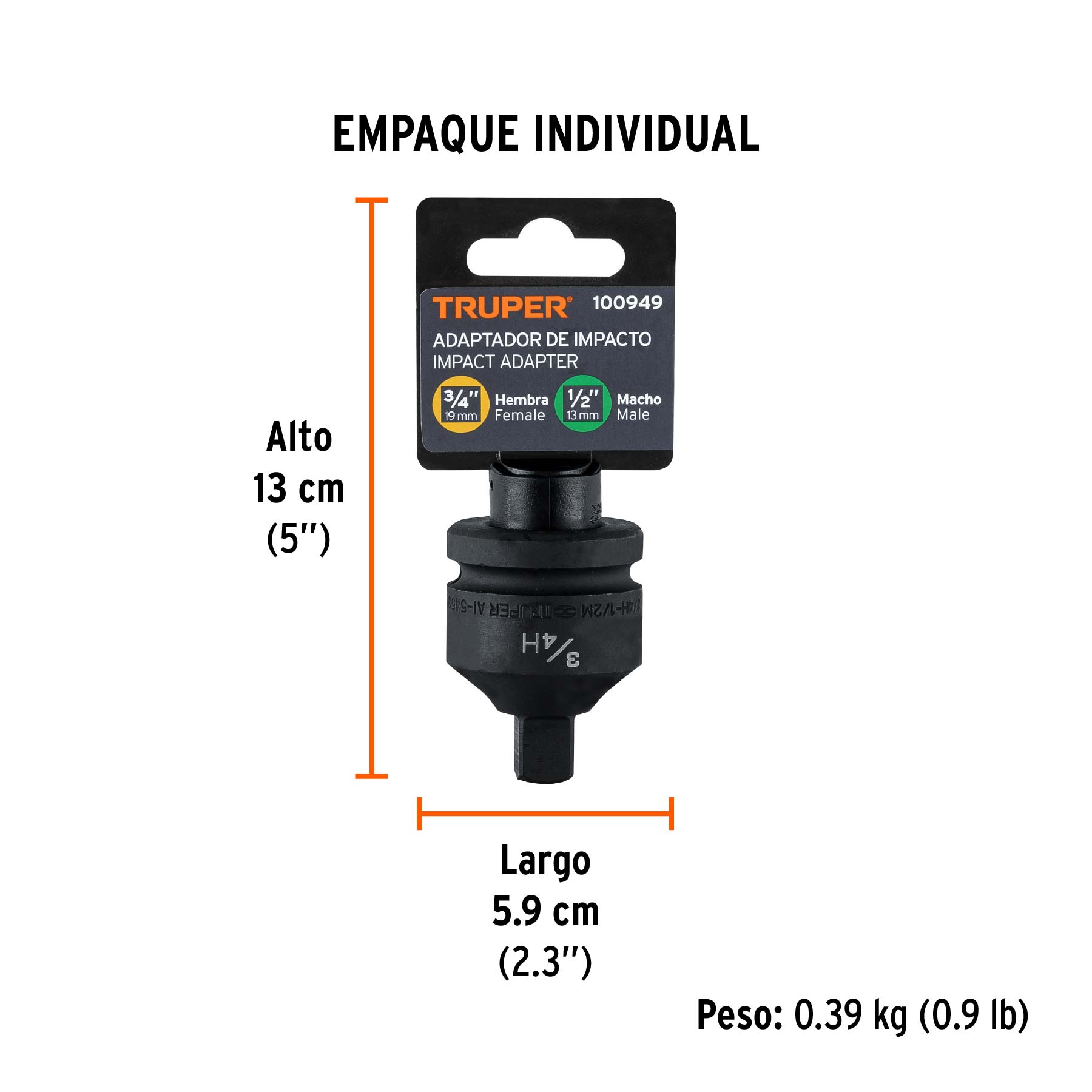 Adaptador de Impacto 3/4' (H) x 1/2' (M), Truper