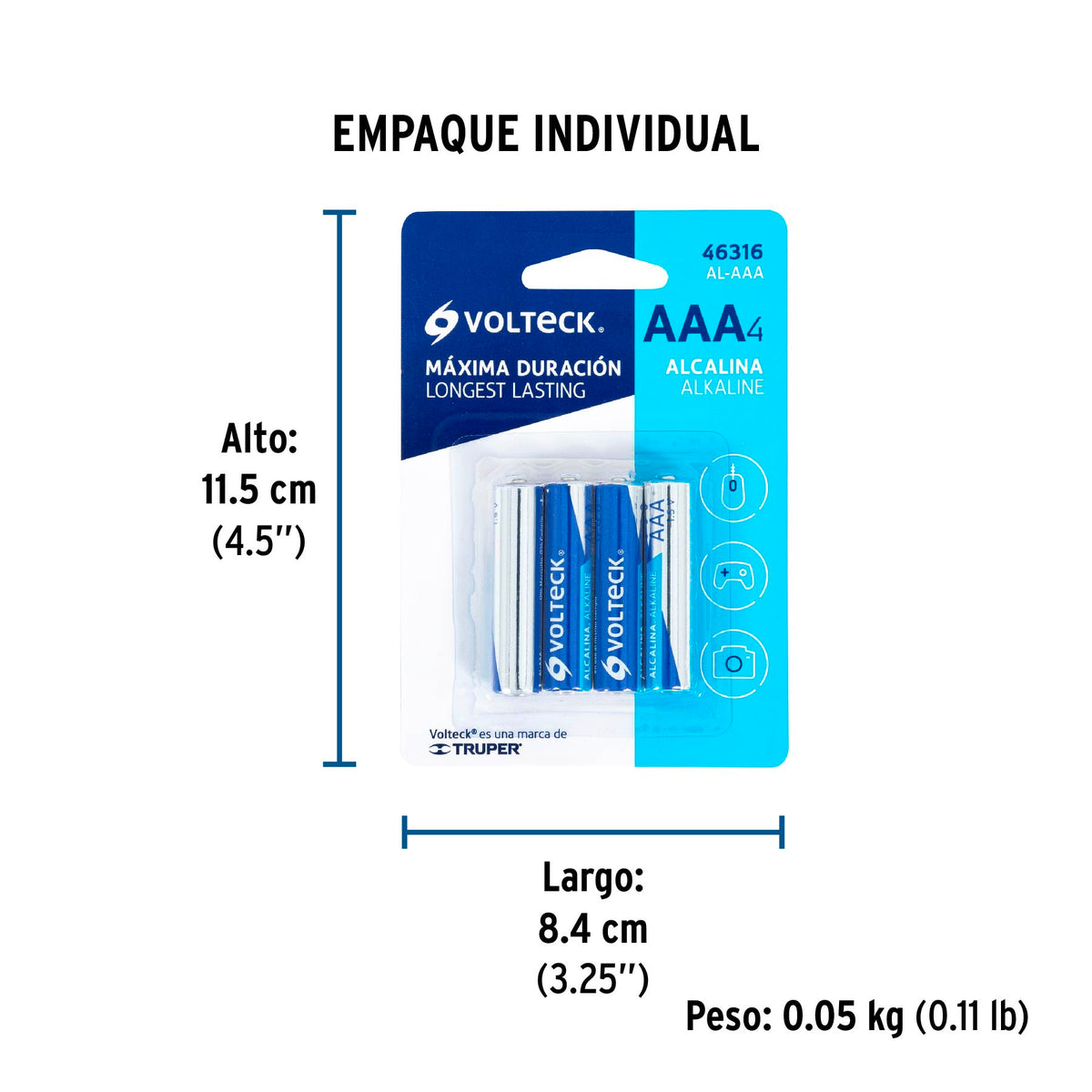 Pila alcalina tamaño AAA, blister con 4 pzas, Volteck