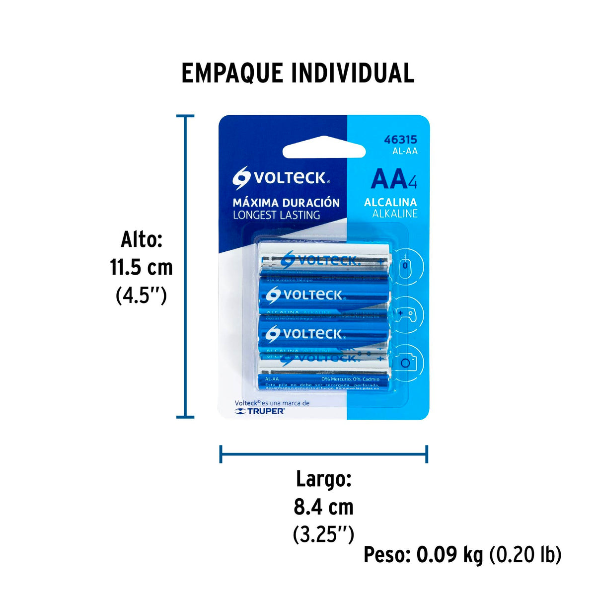 Pila alcalina tamaño AA, blister con 4 pzas, Volteck