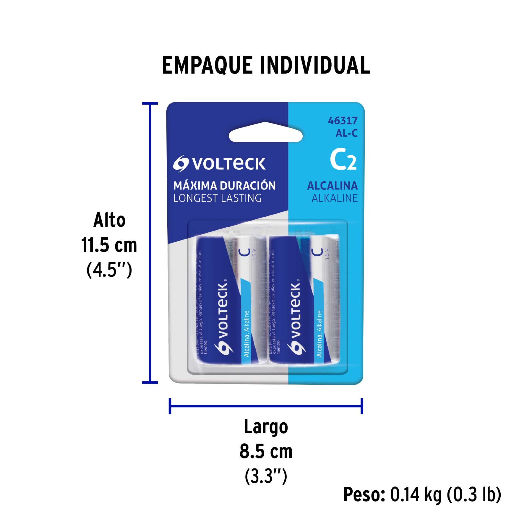 Pila alcalina tamaño C, blister con 2 pzas, Volteck
