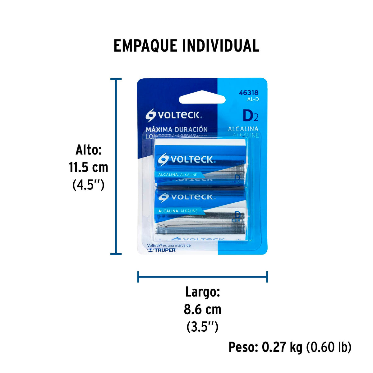 Pila alcalina tamaño D, blister con 2 pzas, Volteck