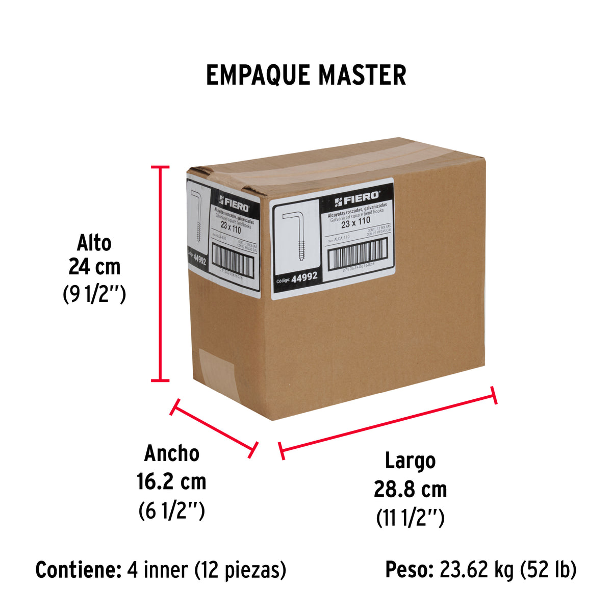Alcayata roscada, 23 X 110 mm, caja 72 piezas