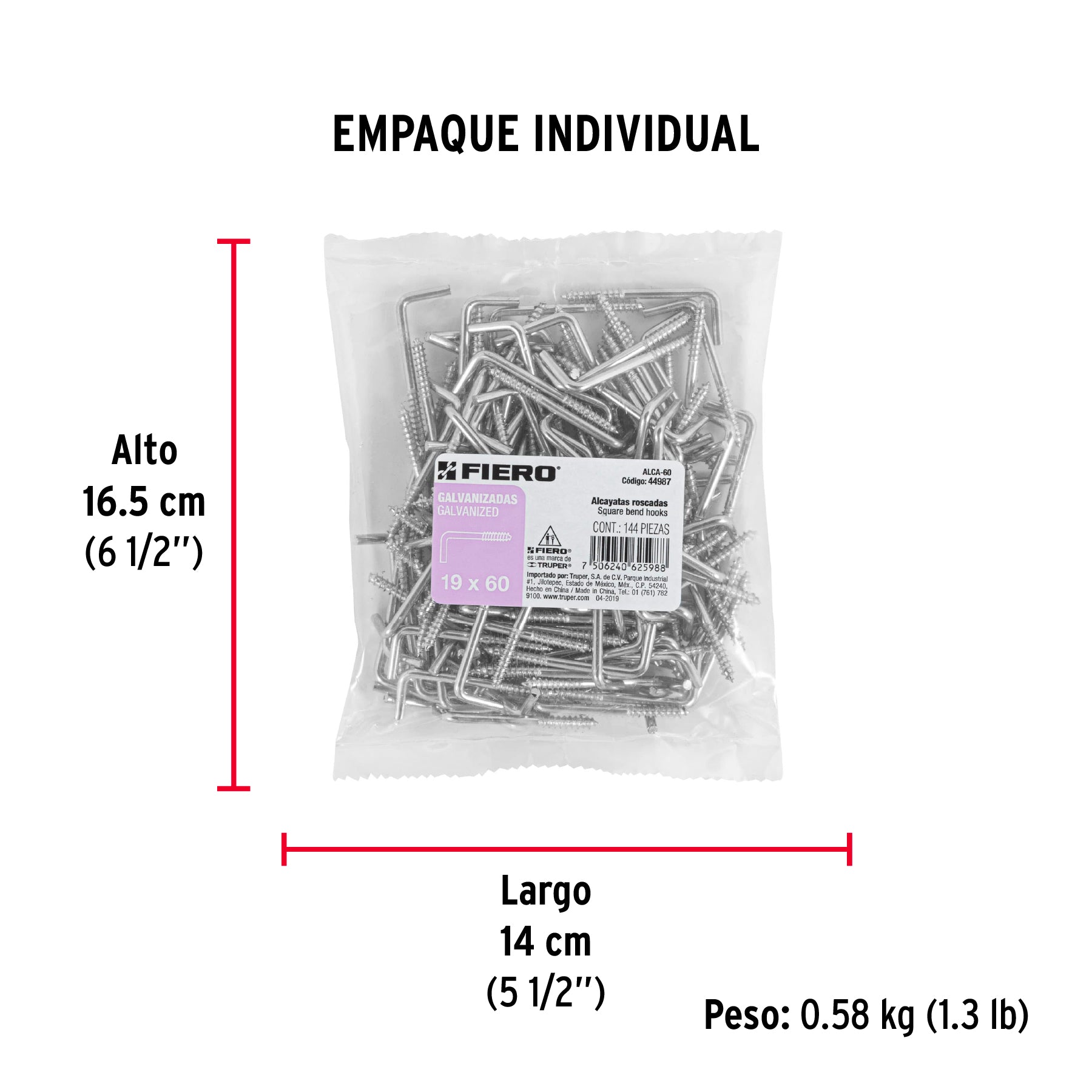 Alcayata roscada, 19 X 60 mm, caja 144 piezas