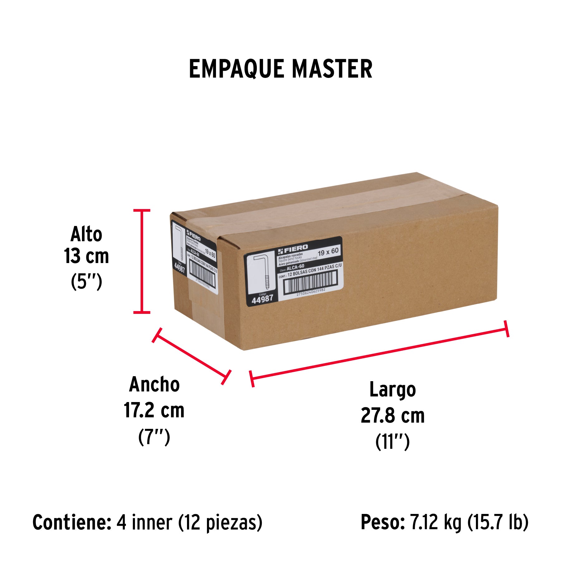 Alcayata roscada, 19 X 60 mm, caja 144 piezas