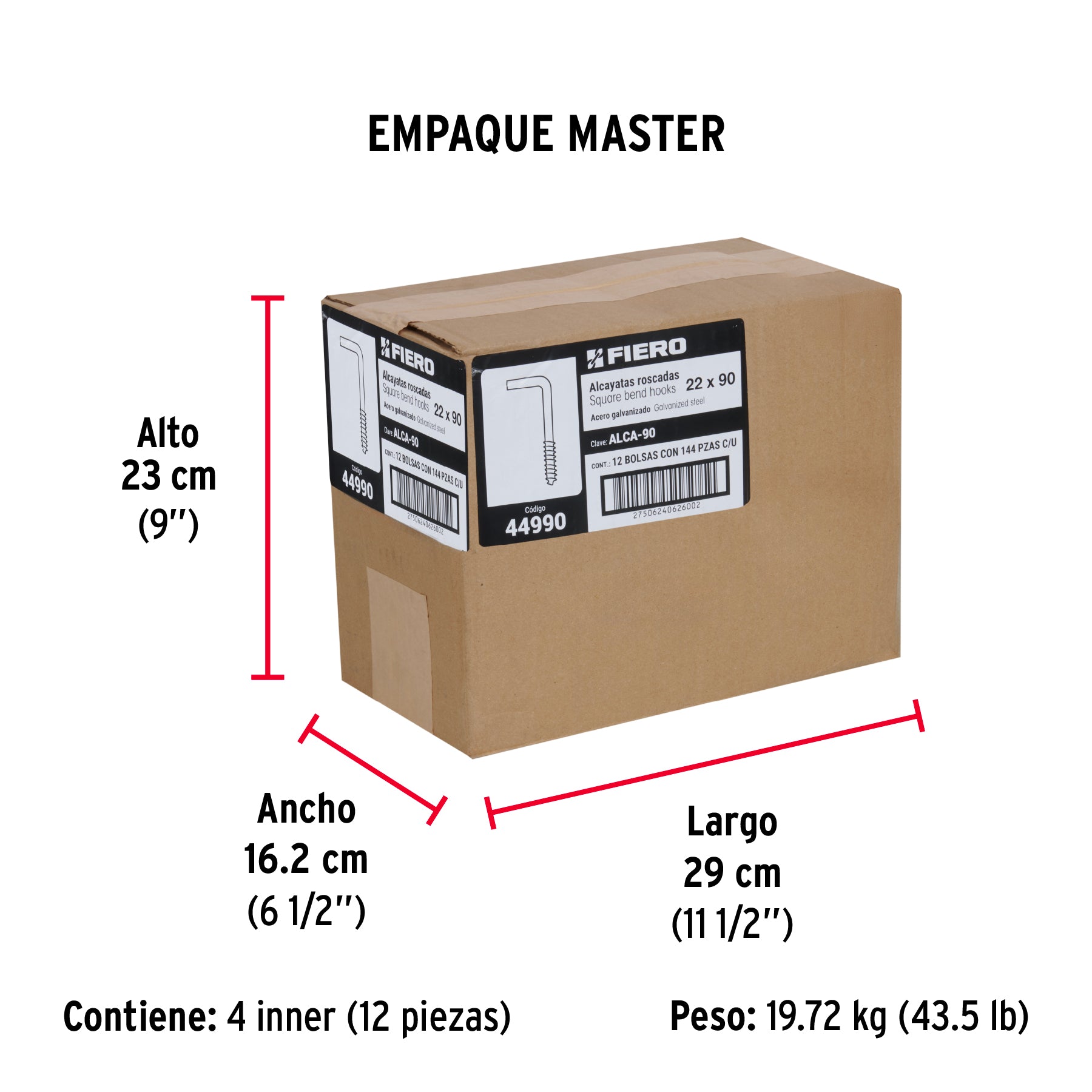 Alcayata roscada, 22 X 90 mm, caja 144 piezas